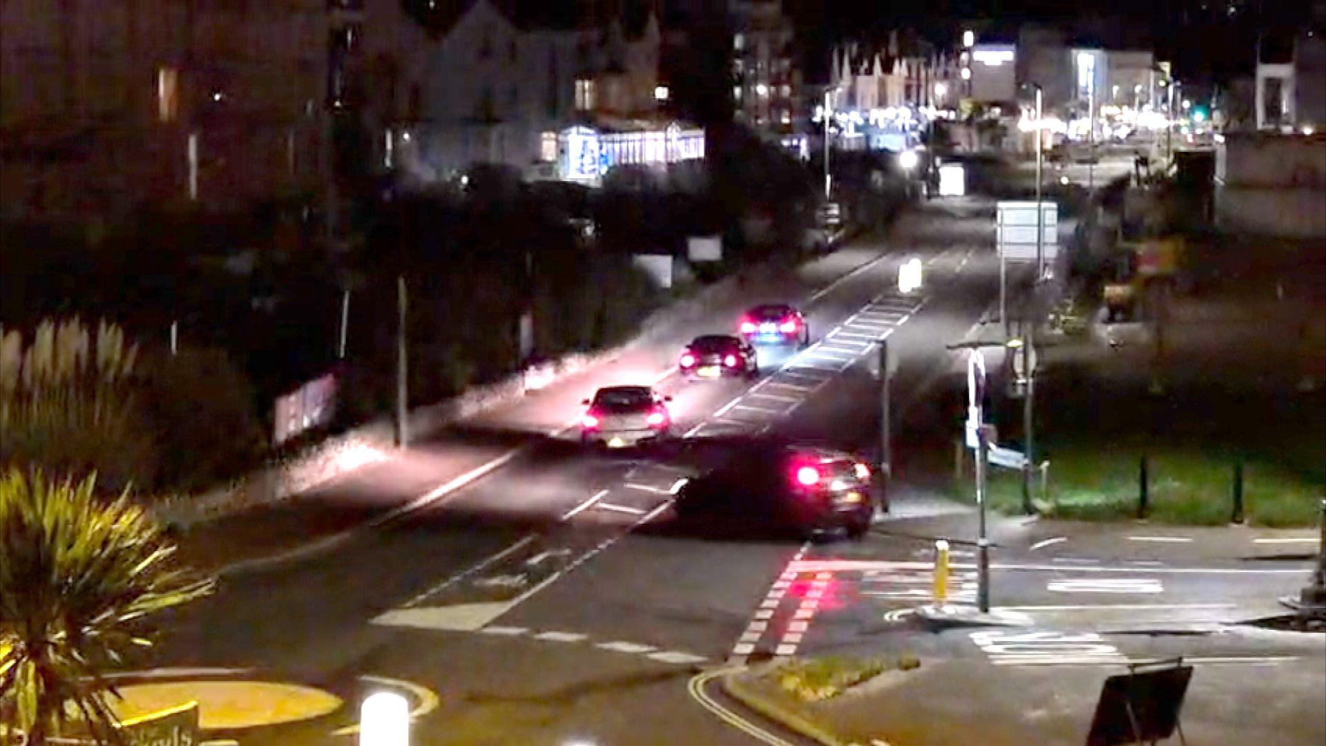 Four cars driving late at night in Esplanade Road, Paignton, making a loud noise with adapted exhuasts