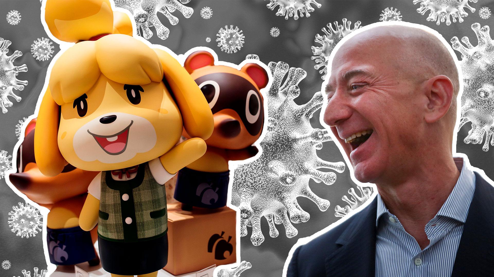 A composite image shows a cutout of Animal Crossing's colourful characters waving while Jeff Bezos, the founder of Amazon, is composited in, appearing to be laughing at them, while both cutouts float against a black and white render of the coronavirus