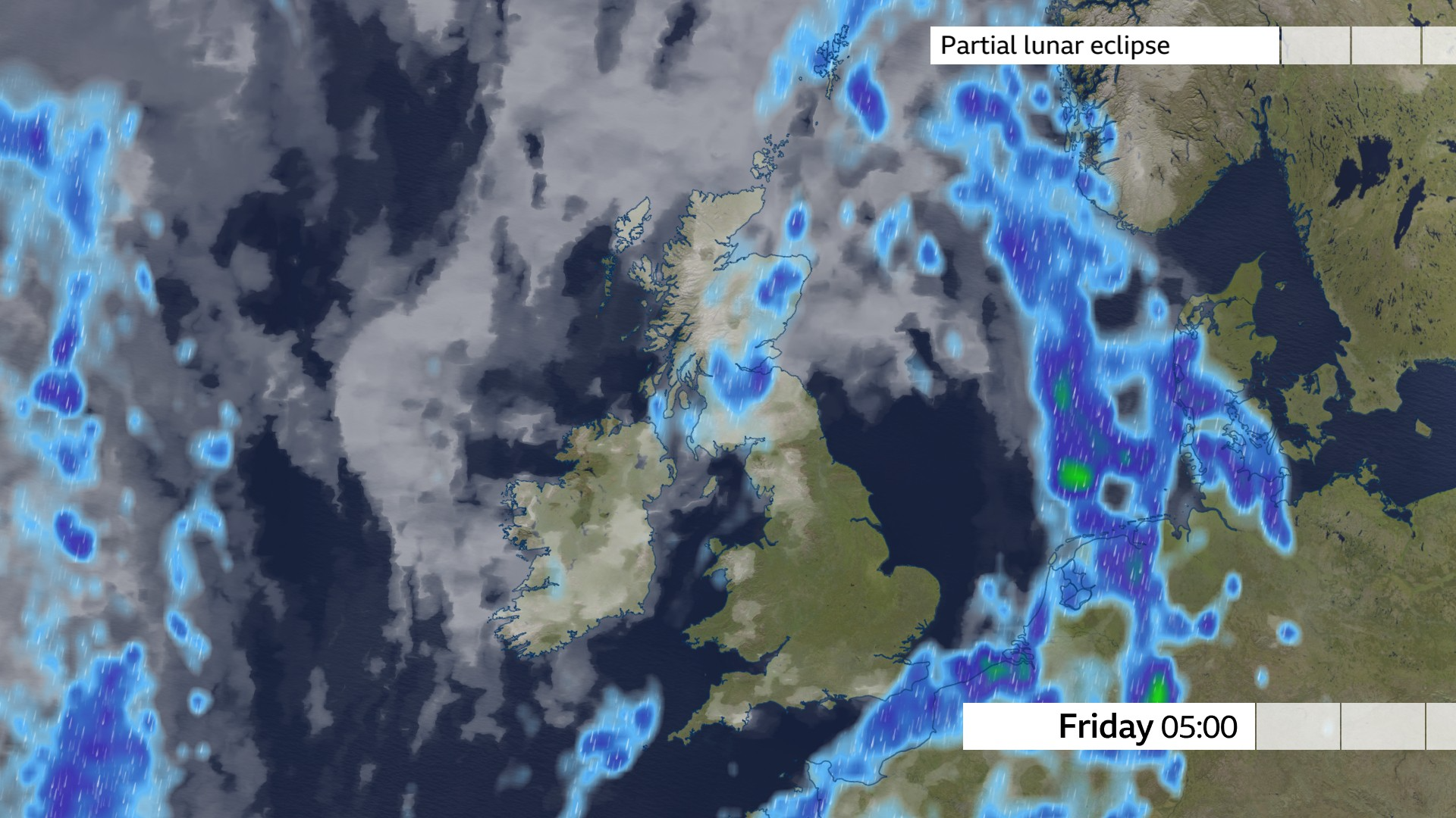 Map of the UK and Europe showing rain and cloud cover for 0500 on Friday morning. Blue markings show showers mostly over Scotland with some grey cloud and largely clear skies across many central and eastern areas of England and Wales
