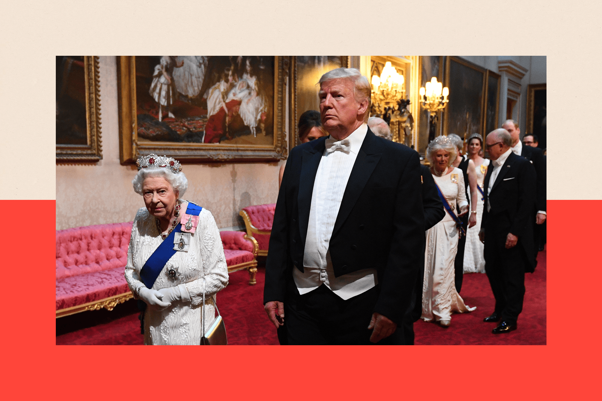 Photo from June 2019 of Queen Elizabeth II, US President Donald Trump and the the then Prince of Wales arriving through Buckingham Palace's East Gallery during the State Banquet at Buckingham Palace, London, on day one of Donald Trump's first state visit to the UK
