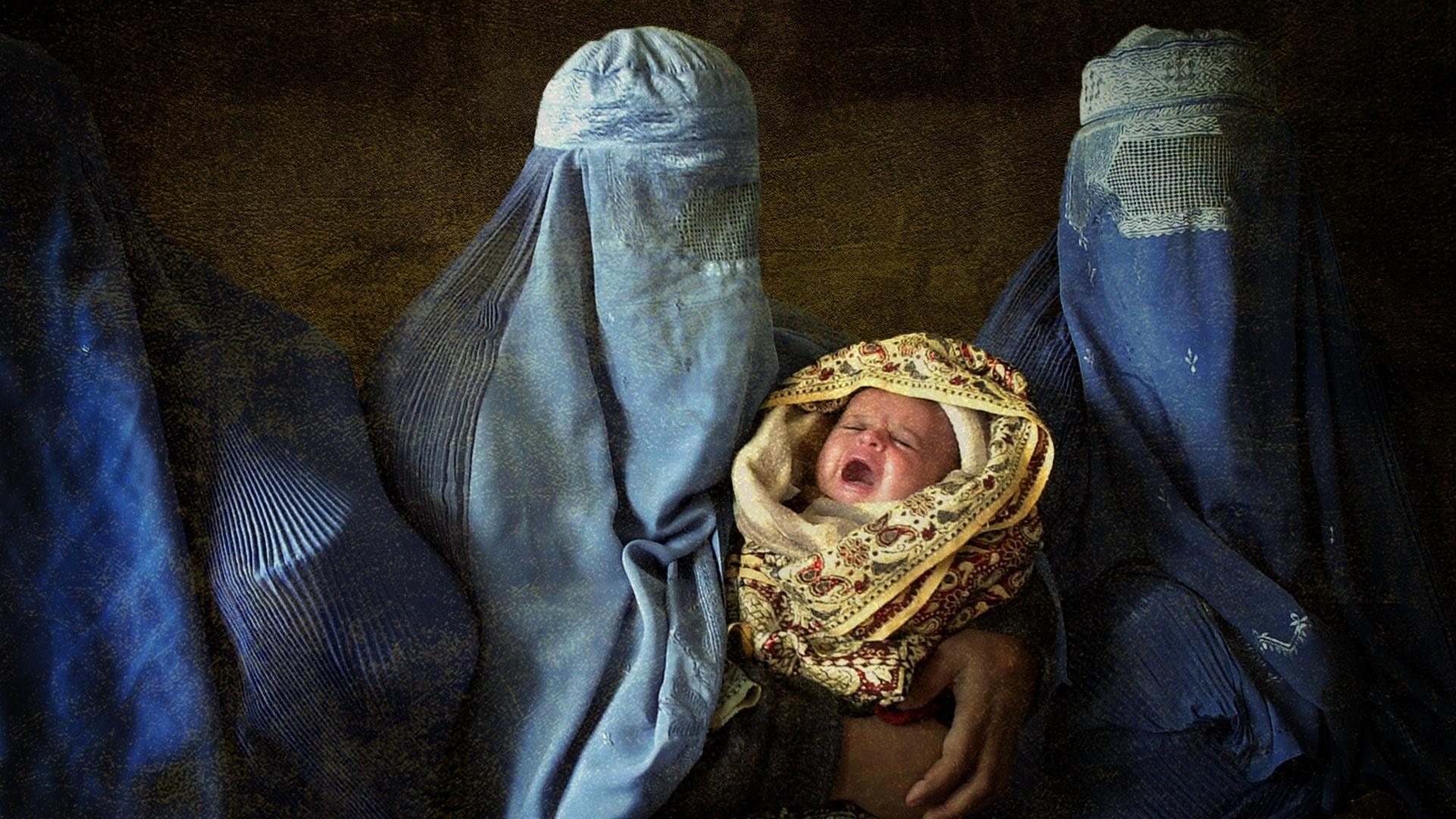 Afghan women in burkas, with baby. Photo collage illustration from photographs courtesy Getty Images