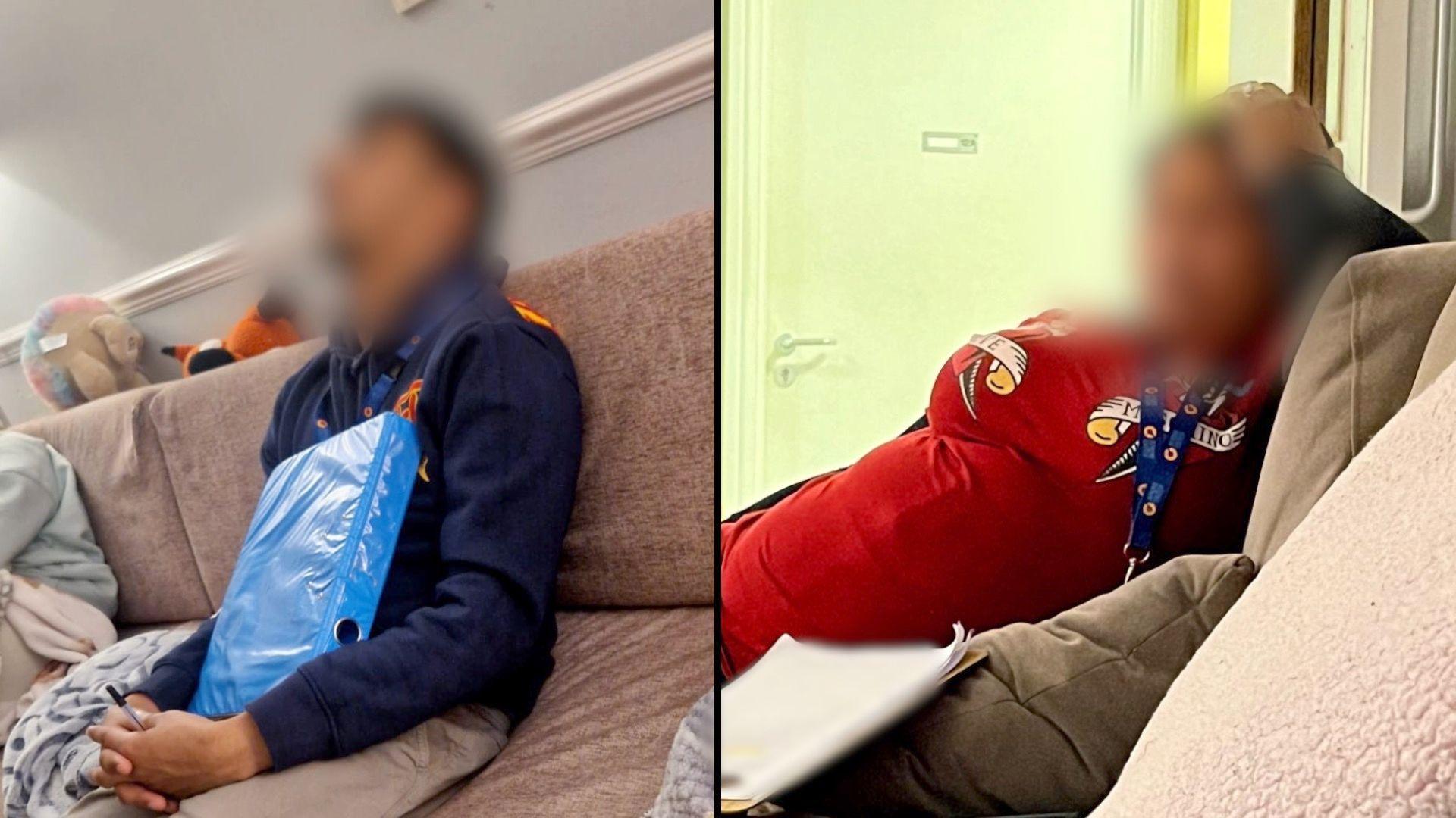 Two photos side by side separated by a black line. The photo on the left shows a person sitting on a sofa seemingly asleep. They are wearing light coloured trousers and a blue jumper. They have a blue A4 binder resting on their chest. Their face is blurred. The right hand image shows a person lying on a sofa seemingly asleep. They have a red top and a blue lanyard around their neck. Their face is blurred. 