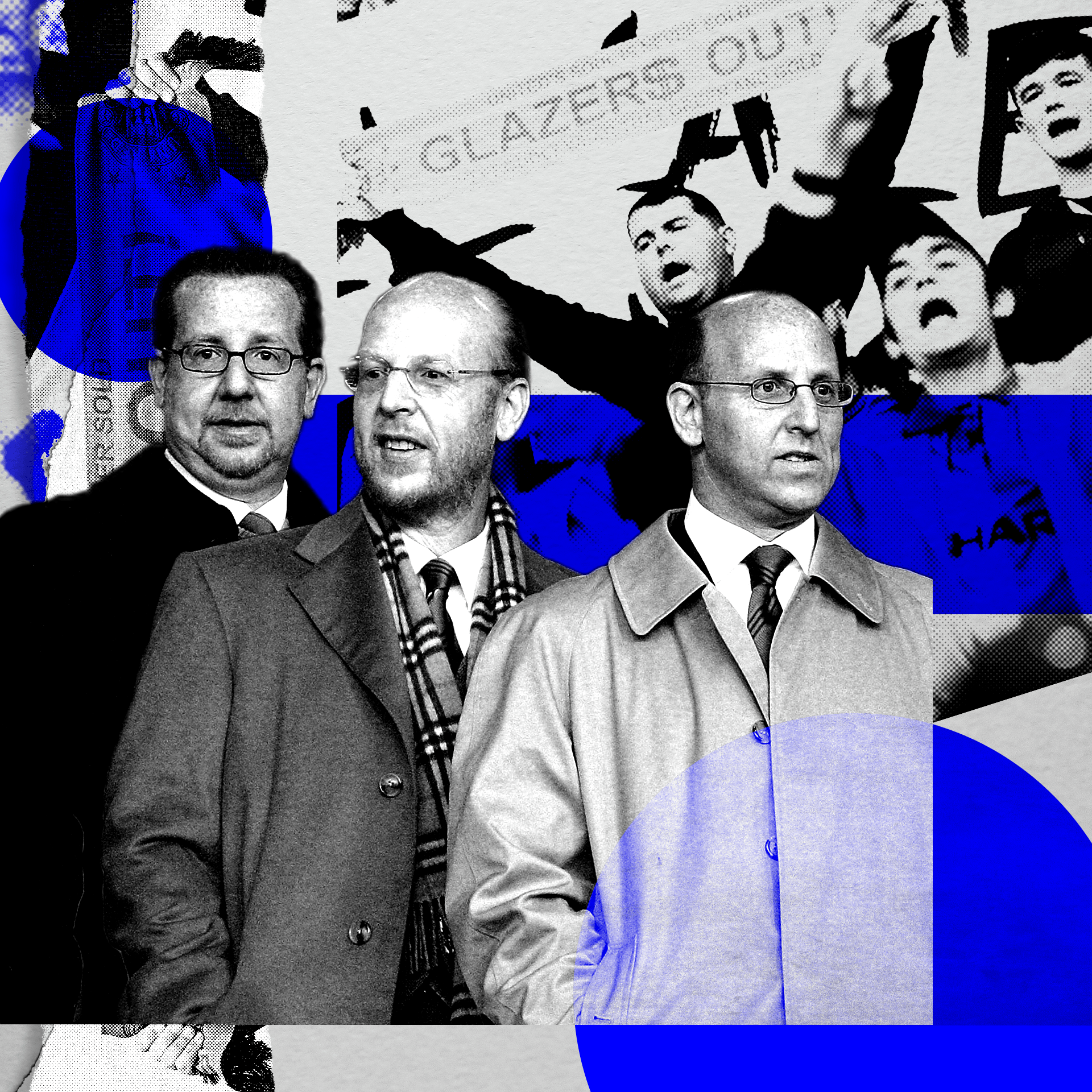 A black-and-white collage showing three of the Glazer brothers - Joel, Avram, and Bryan - standing in the foreground wearing suits and overcoats. This is t composited on a different image of a crowd of Manchester United fans holding a banner that reads 'GLAZERS OUT', with several supporters' faces partially visible. Bold blue circular and rectangular graphic overlays punctuate the image.