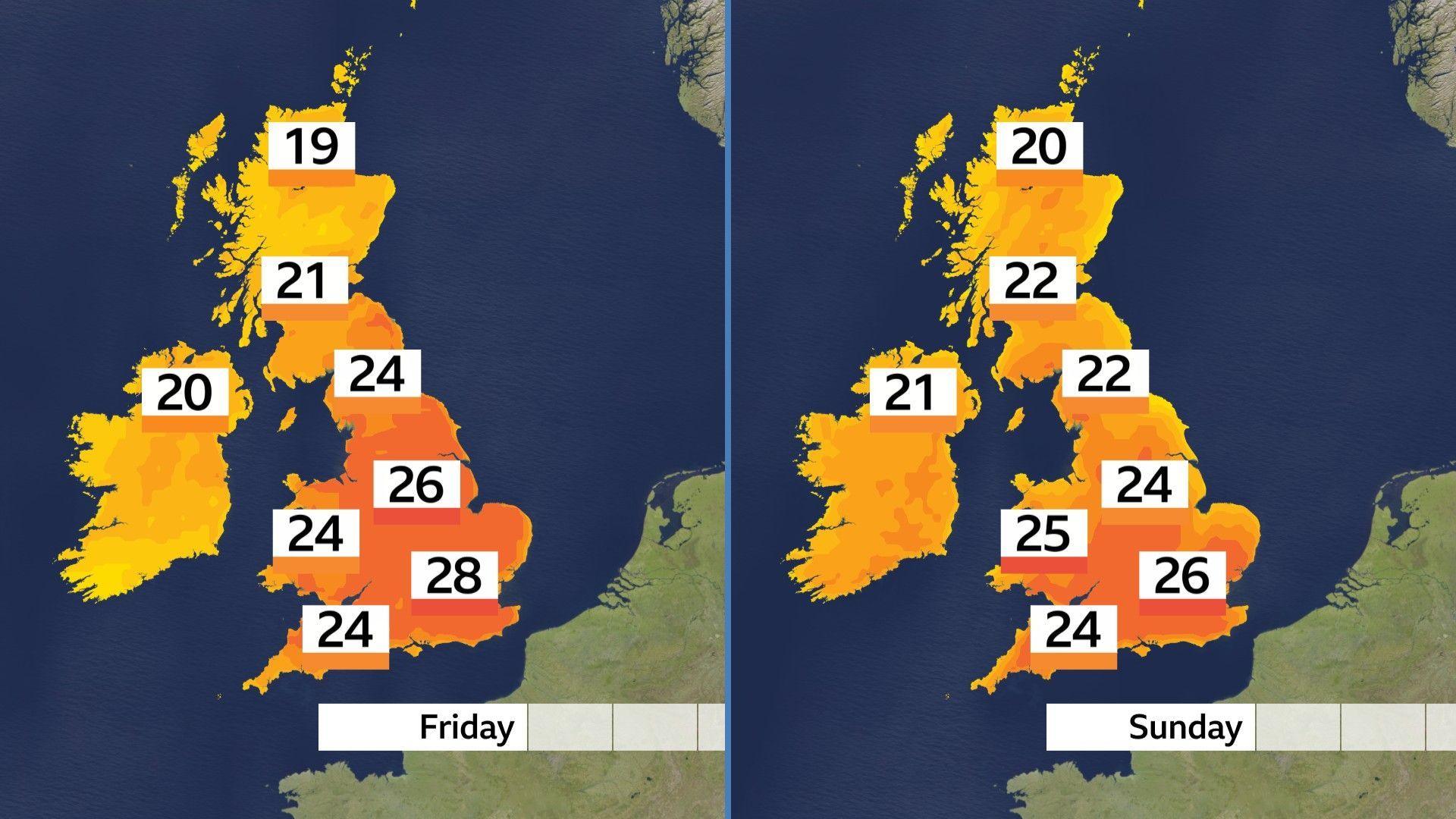 Map of the UK showing temperatures ranging from 19-28C on Friday and 20-26C on Sunday