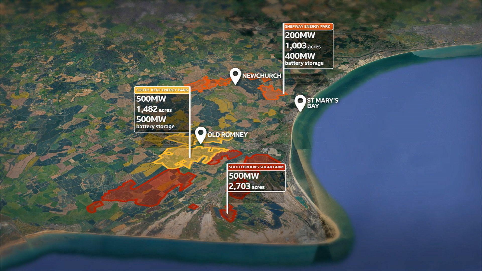 A map shows an aerial view of the Romney Marsh. In three different colours the proposed solar parks are highlighted.