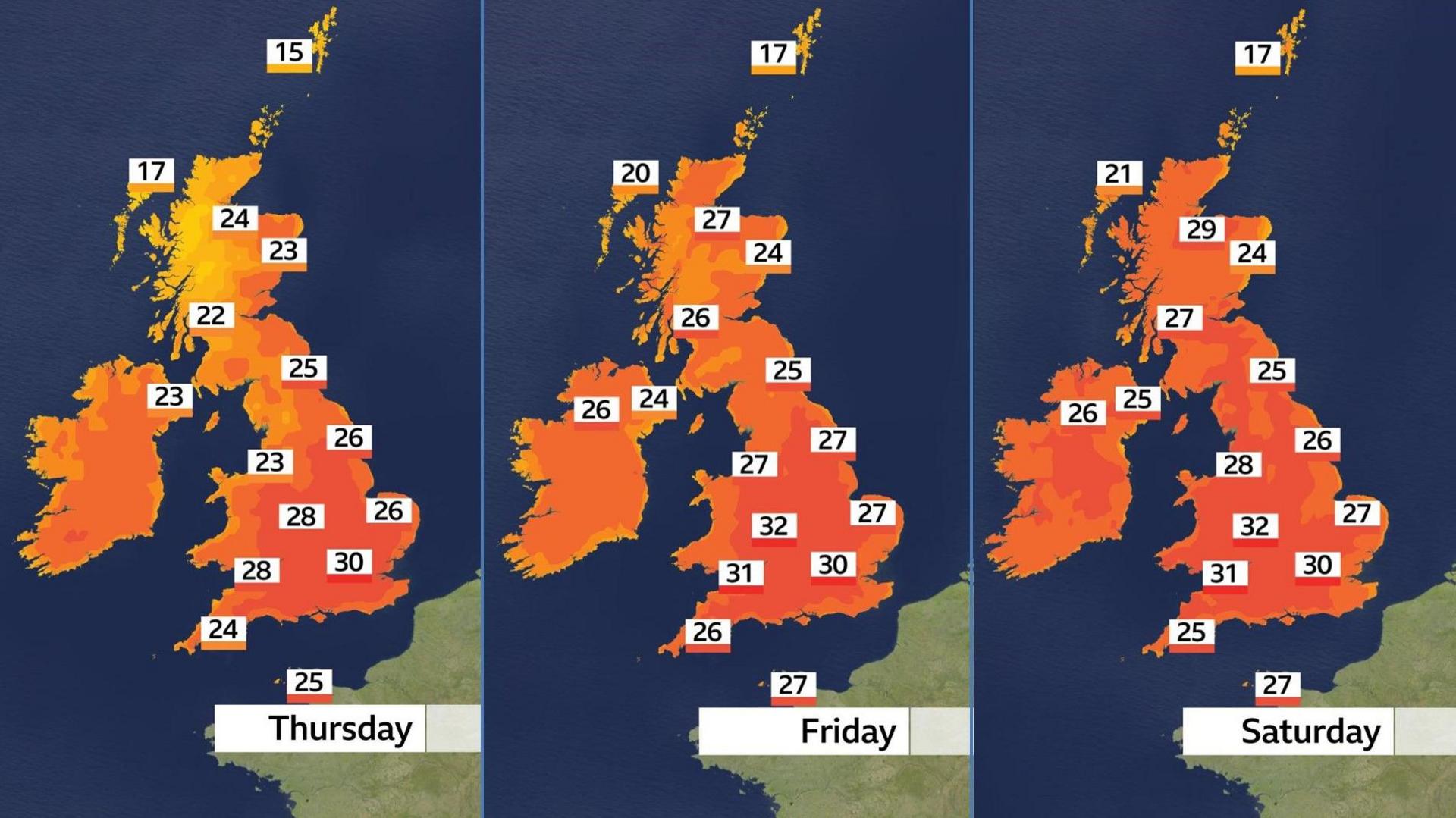 Three weather maps showing temperatures across the UK for Thursday, Friday and Saturday. On Thursday temperatures range from 15C in Lerwick to 30C in London, on Friday temperatures range from 17C in Lerwick to 32C in the West Midlands, and on Saturday temperatures range from 17C in Lerwick to 32C in the West Midlands.