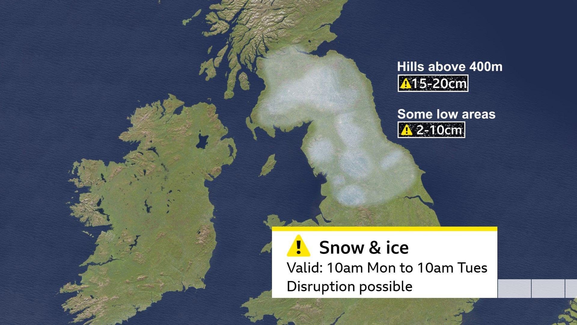 A map showing forecast snow amounts in southern Scotland and northern England from the Clyde to the Humber, with 15-20cm possible on hills above 400m, and 2-10cm in some low areas 