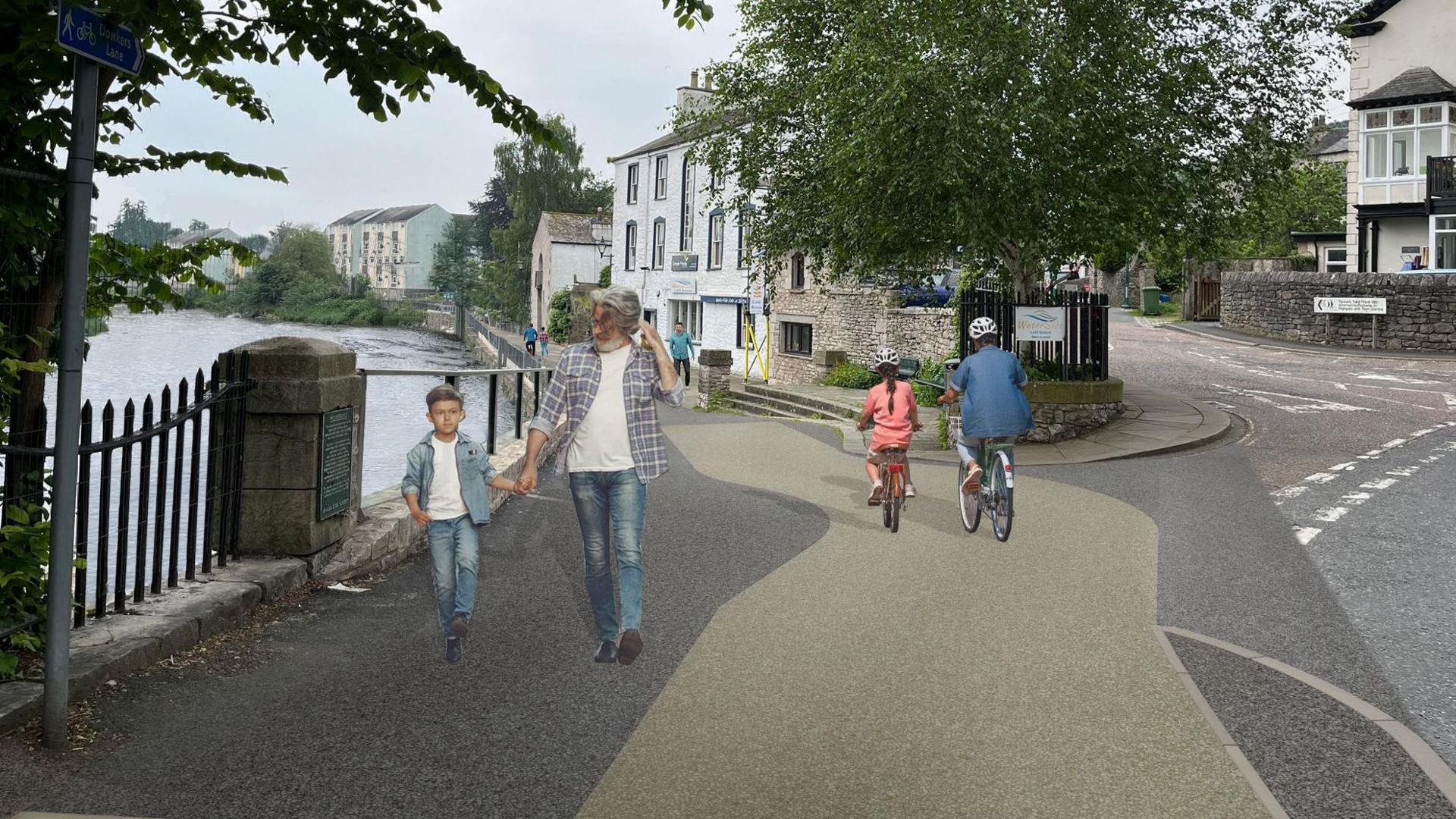 A CGI image of what the start of the riverside path could look like. The tarmacked path has pedestrians and cyclists of different ages. The path starts at the junction with a road lined by houses and leads towards and path parallel to the road but separated from it by a row of buildings. The river is in the background.