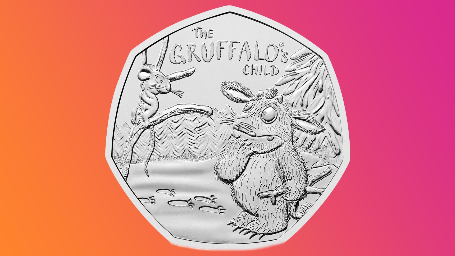 Silver Gruffalo's Child 50p with orange and pink background