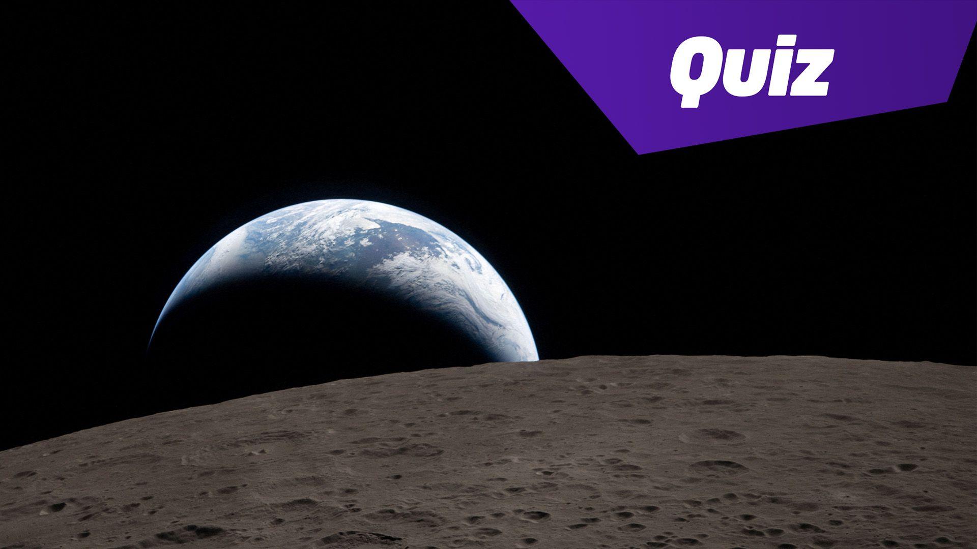  A view of Earth, partially hidden behind the Moon, captured through the Orion spacecraft window. There is a graphic in the top right hand corner which says Quiz