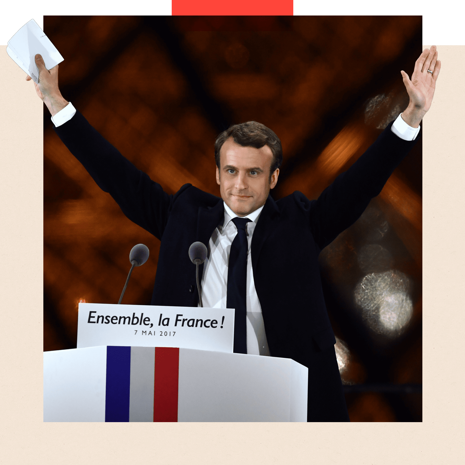  Emmanuel Macron raises his hands after winning the 2017 French election