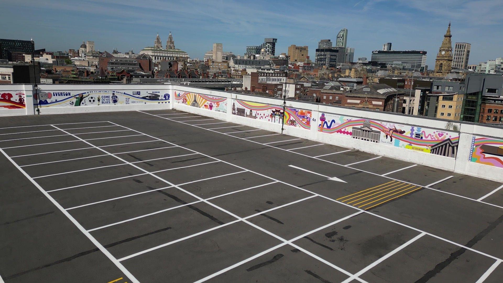 Car park with mural showing Liverpool skyscape
