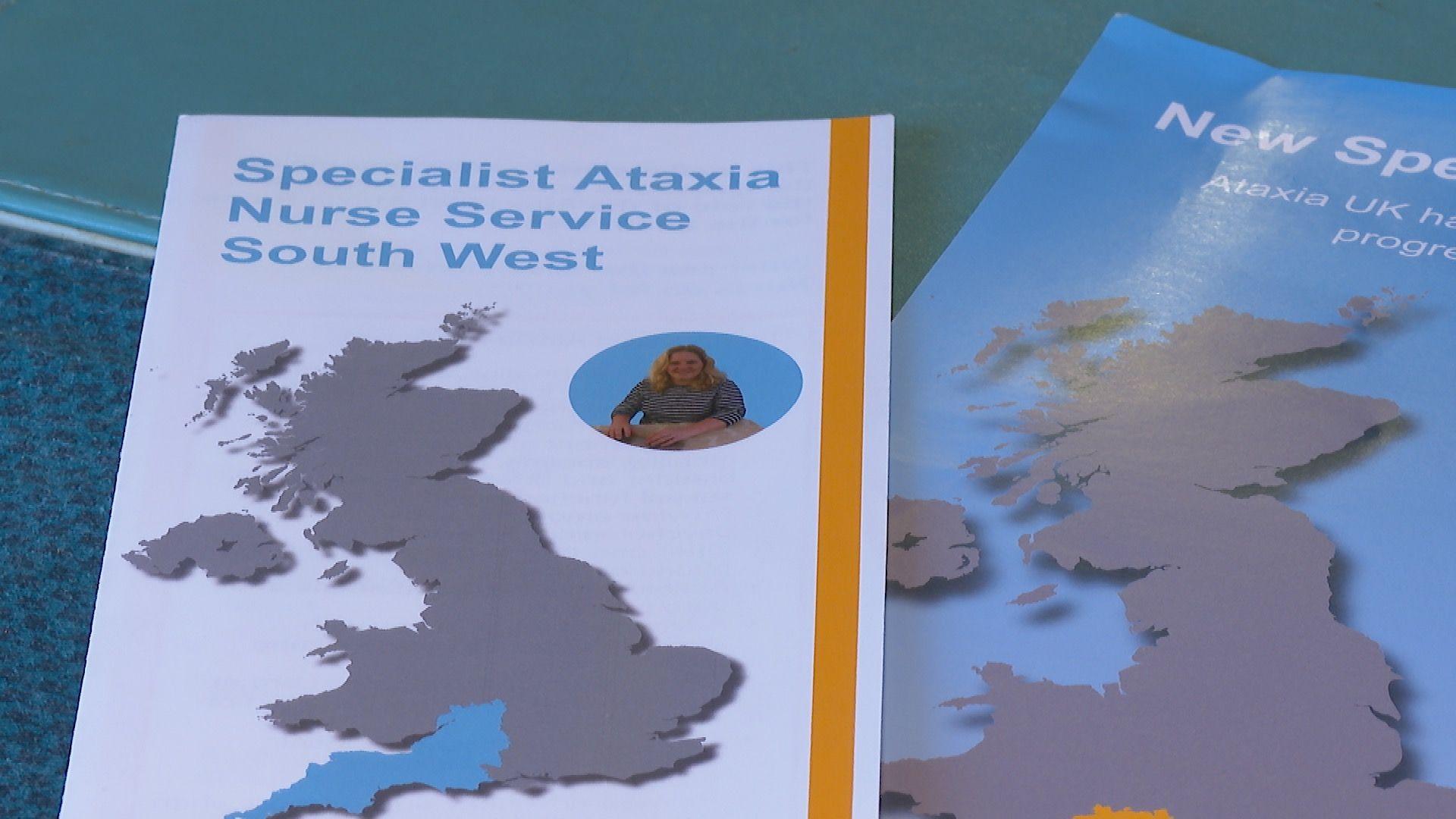 The leaflet shows a map of Great Britain and the area the nurse covers is marked in blue. Her picture is in the top right corner of the leaflet. It says Specialist Ataxia Nurse Service South West on it.