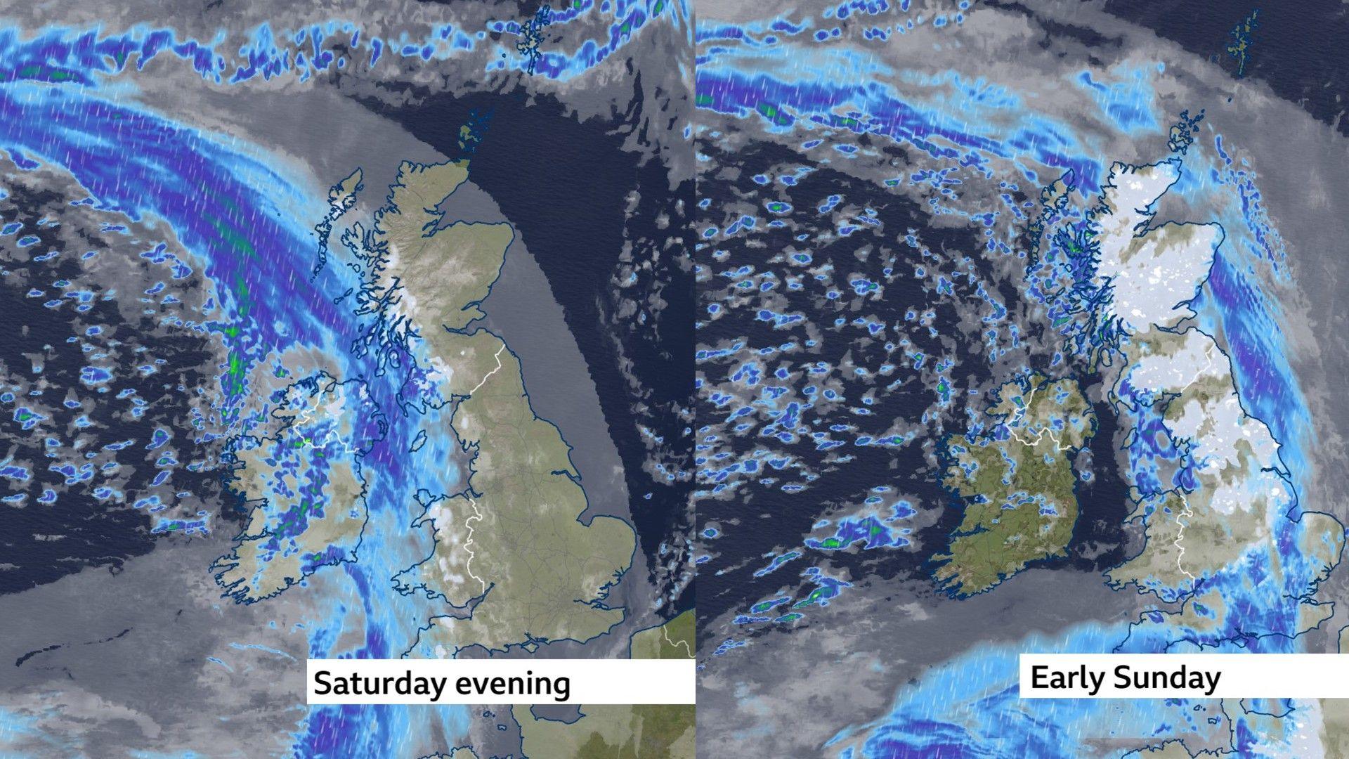 Split weather map of the UK, Saturday evening on the left showing a band of rain approaching the country; and early Sunday on the right showing more rain and cloud