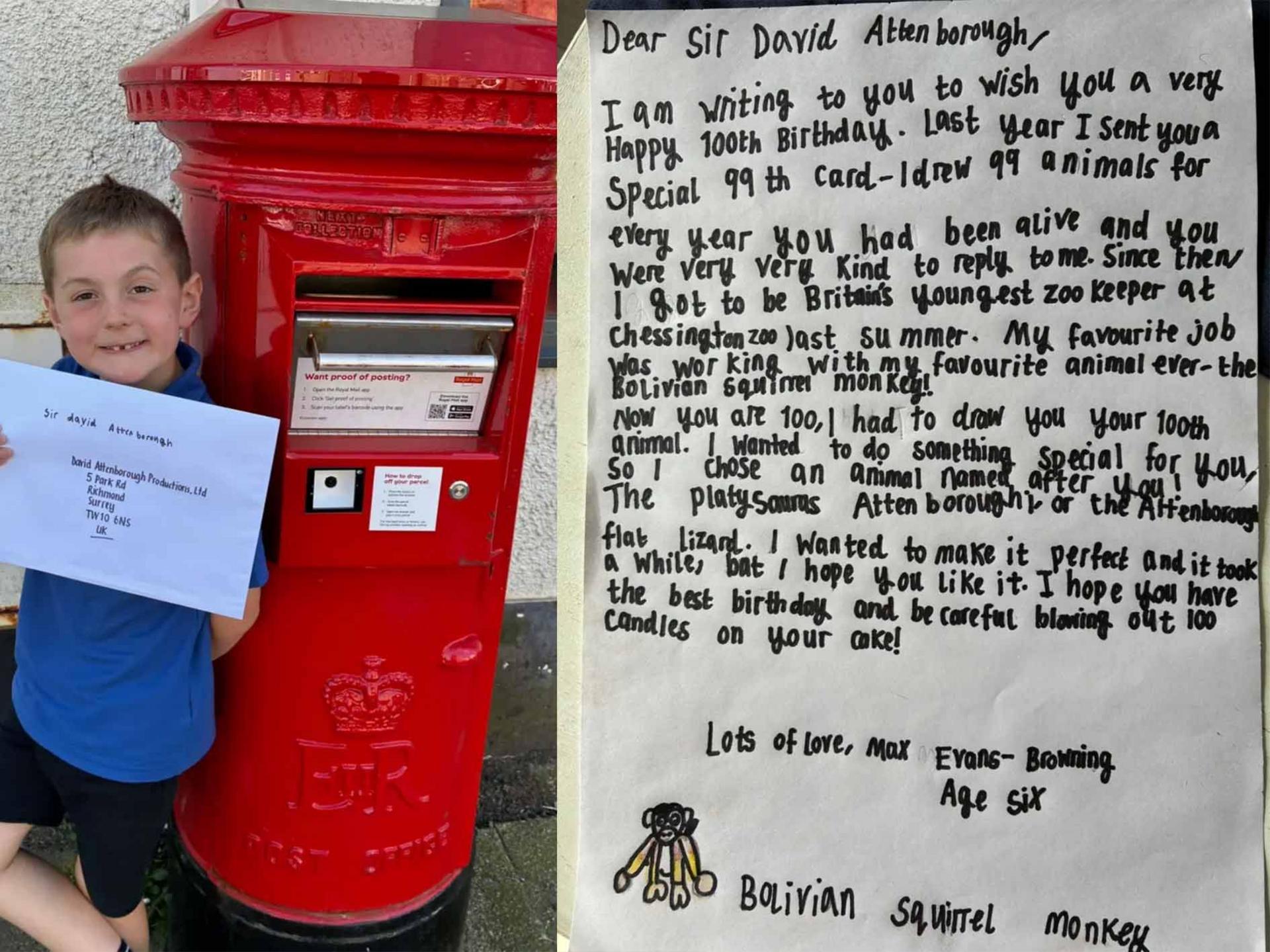 Max with his letter at the post box, and a photo of the letter he sent 
