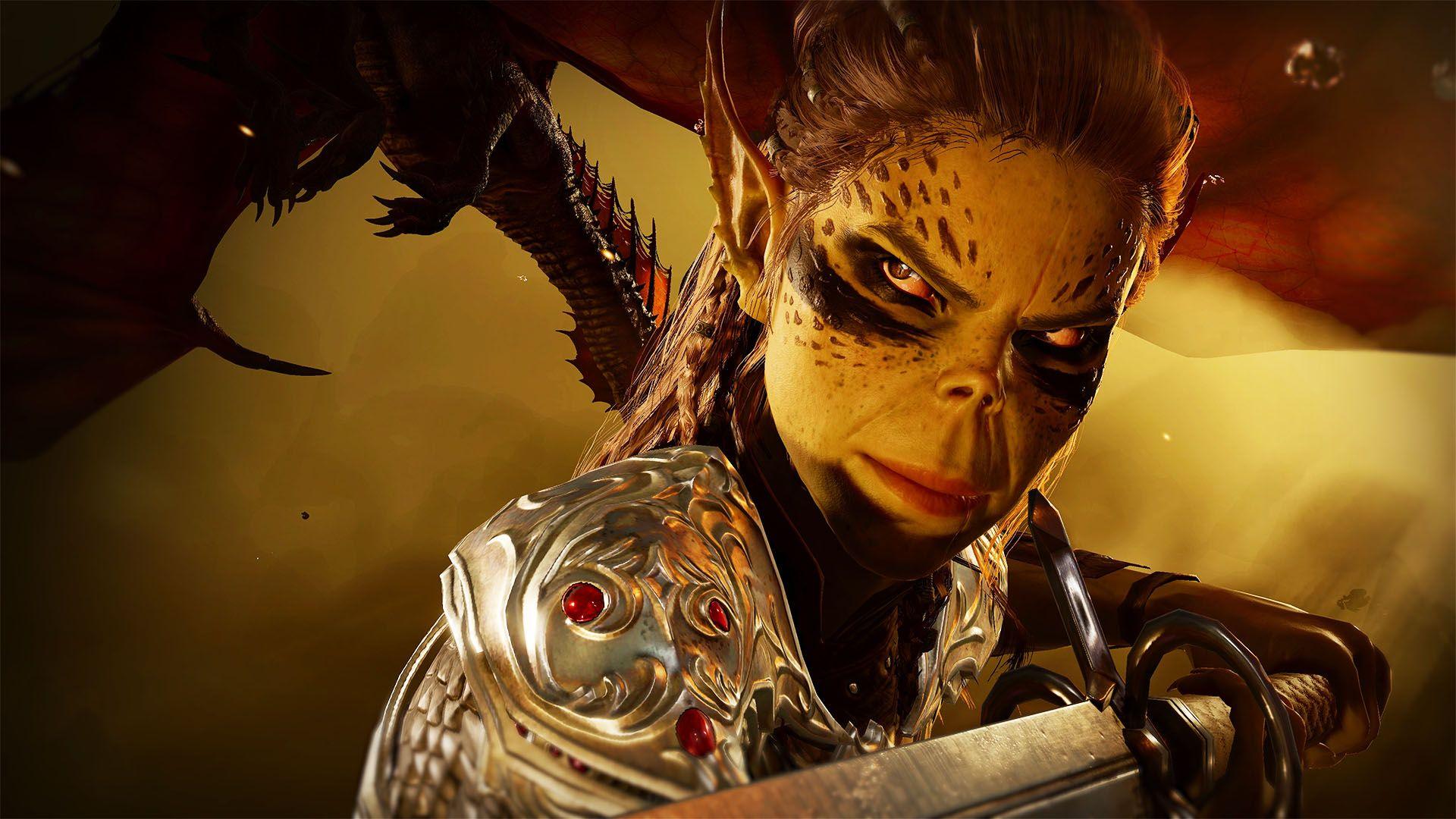 Screenshot of the character Lae'zel from Baldur's Gate 3