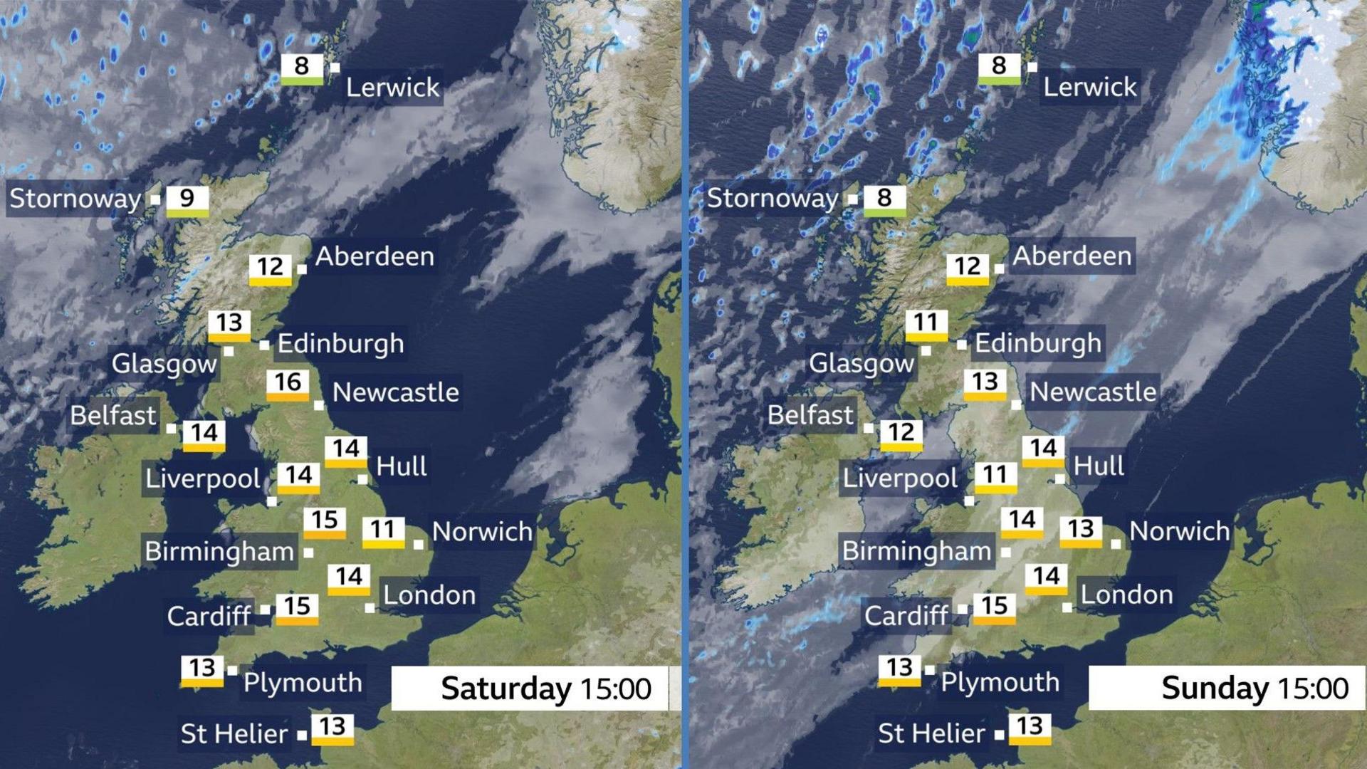 Two weather maps showing forecast conditions for the UK on Saturday and Sunday