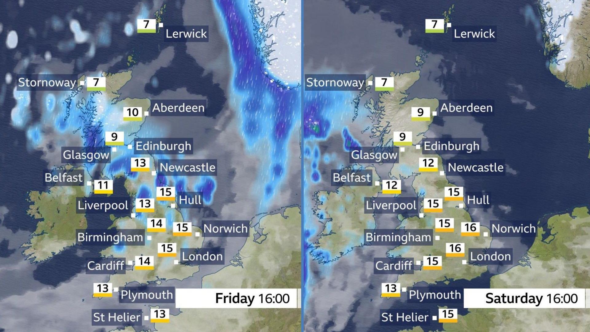 Two weather maps showing conditions across the UK for Friday and Saturday afternoons. Friday shows a mix of rain and sunny spells, while on Saturday most places are dry with a little sunshine but showery rain affects parts of the west.