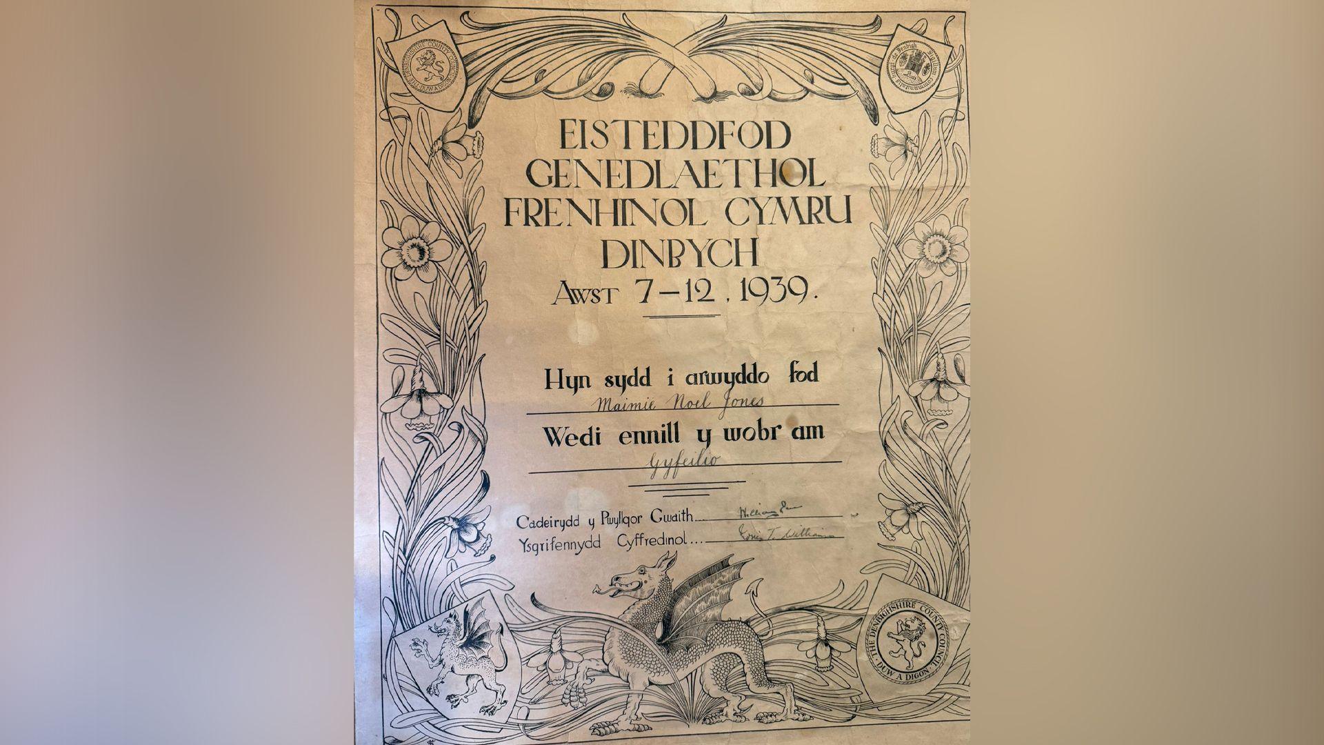 Tystysgrif Eisteddfod Genedlaethol Dinbych 1939