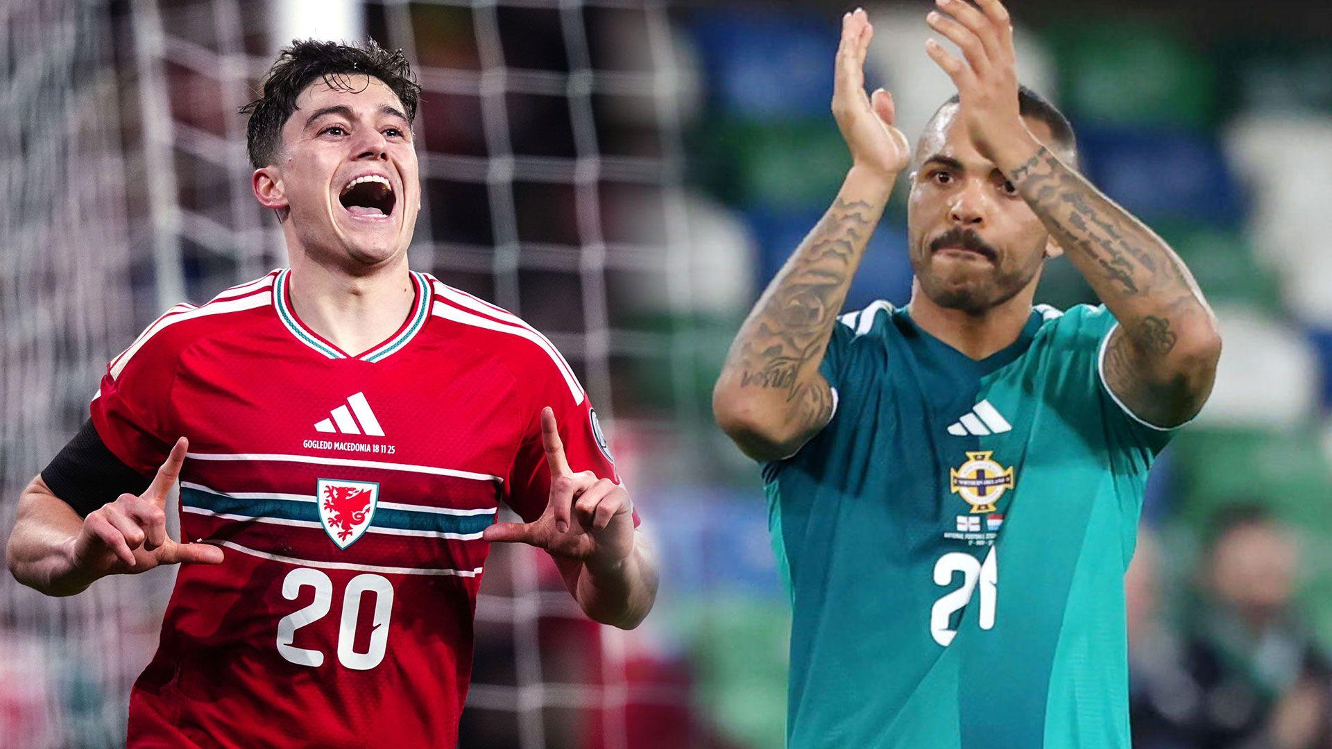 An image of two photos, showing Wales footballer Dan James and Northern Ireland footballer Josh Magennis celebrating on the pitch