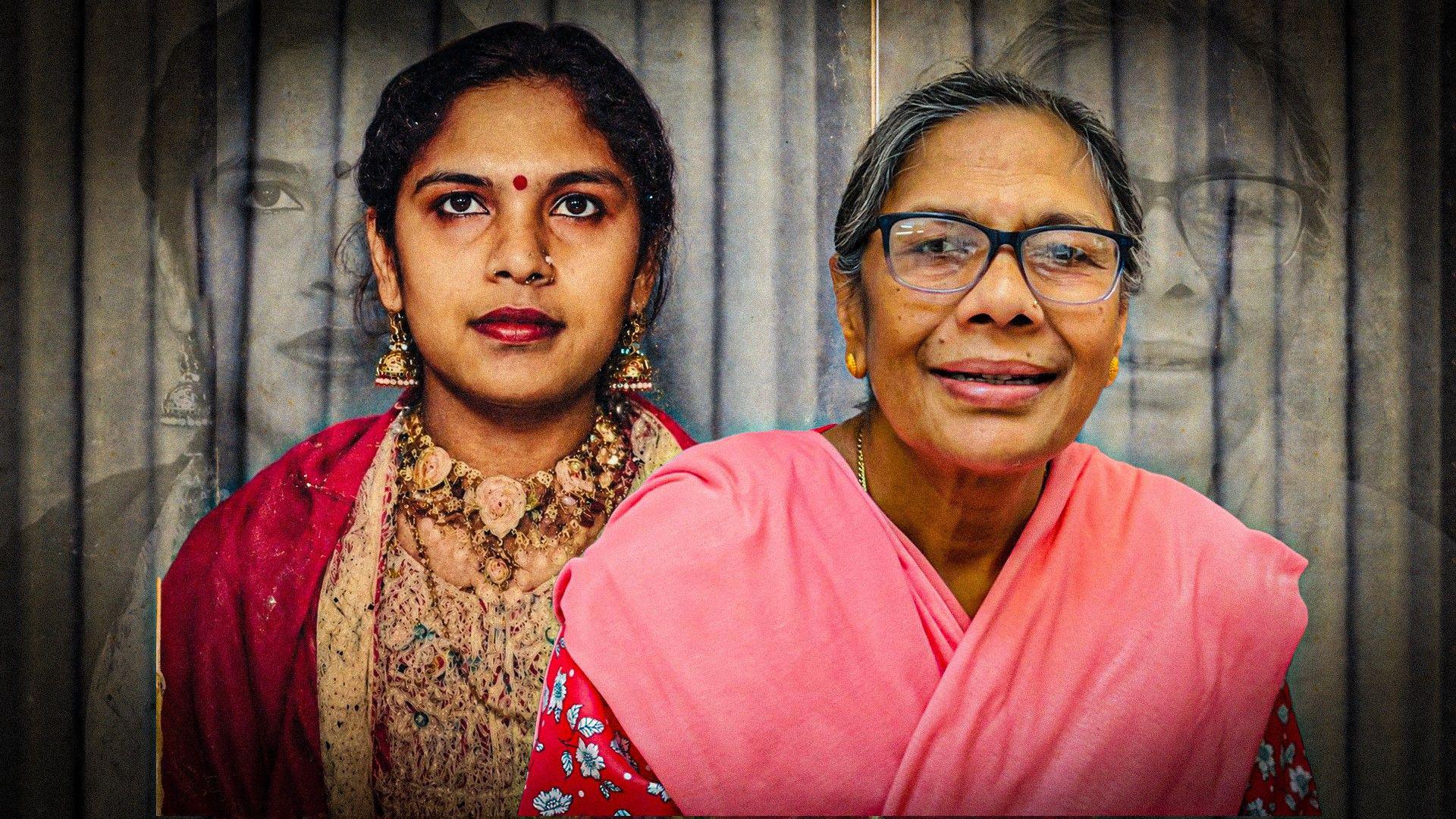 A younger mentation    of the aforesaid  pistillate   stands beside her older self.
The younger aforesaid   wears a reddish  and golden  embroidered outfit with jewellery, portion    the older aforesaid   wears glasses and a pinkish  patterned top, with faint larger copies of some  images down  them.