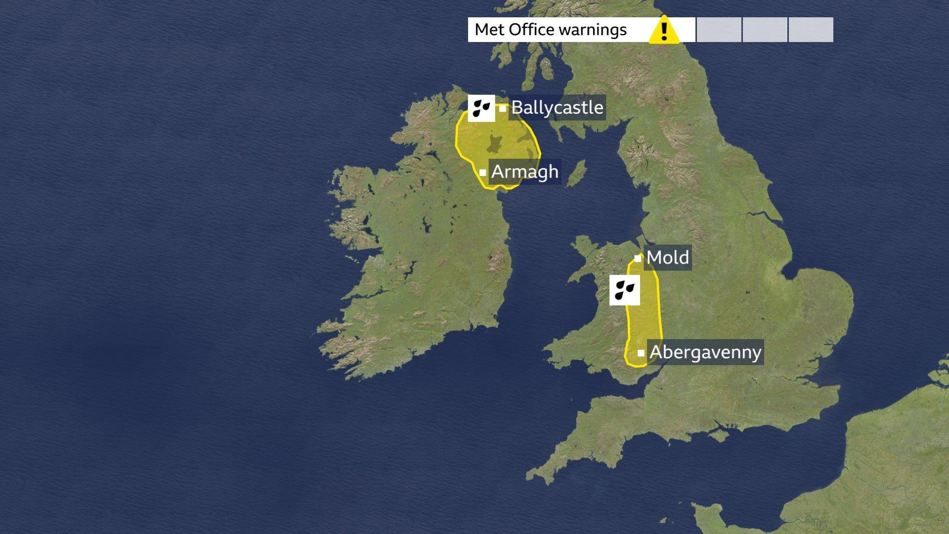 Map of UK showing weather warnings for parts of Wales, the West Midlands and Northern Ireland for rain.