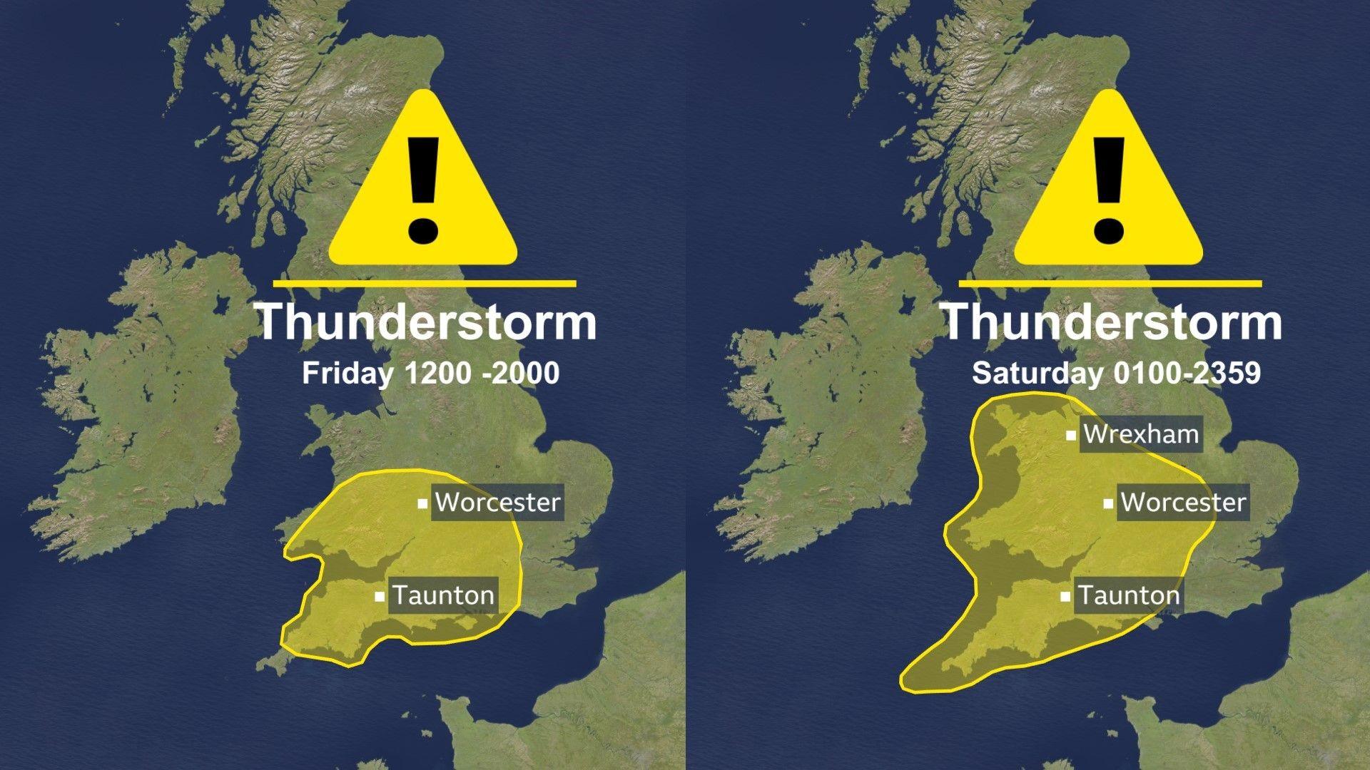 Two maps of the United Kingdom: the first shows a yellow thunderstorm warning area for much of the south-west of the UK on Friday; the second shows a larger area for Saturday cover more of England and Wales.