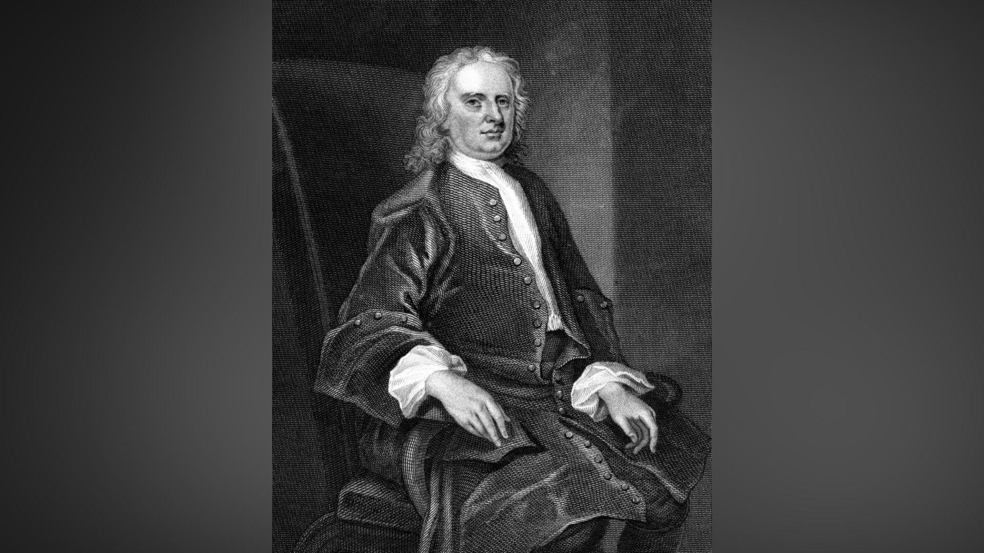 Black and white portrait of Sir Isaac Newton seated in a high-backed chair. He has long hair and is wearing a long coat.