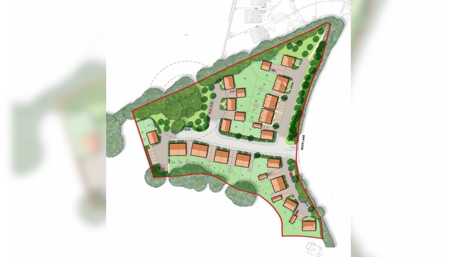 An aerial CGI image showing the layout of 26 homes in a housing estate