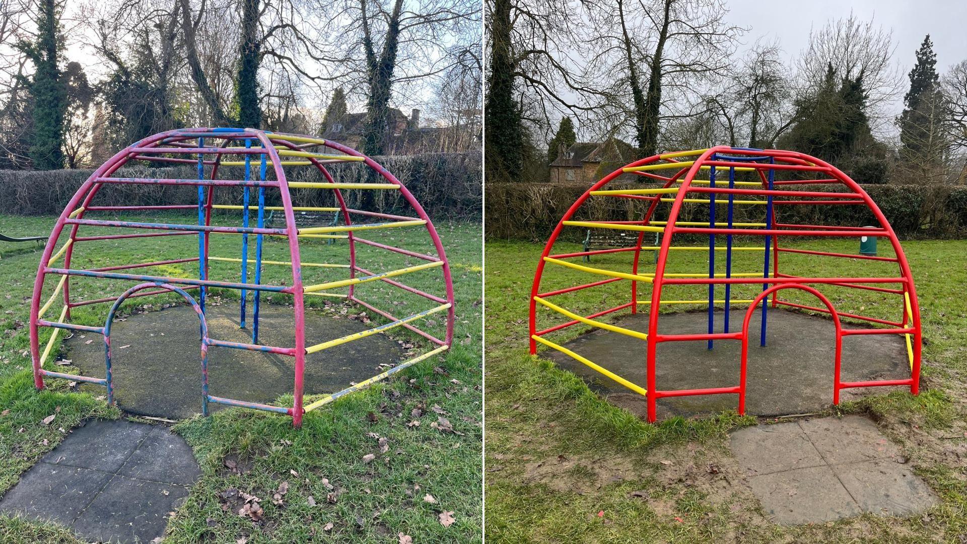 An image of the red, yellow and blue climbing frame that needed repainting and grass clearing and then the finished work