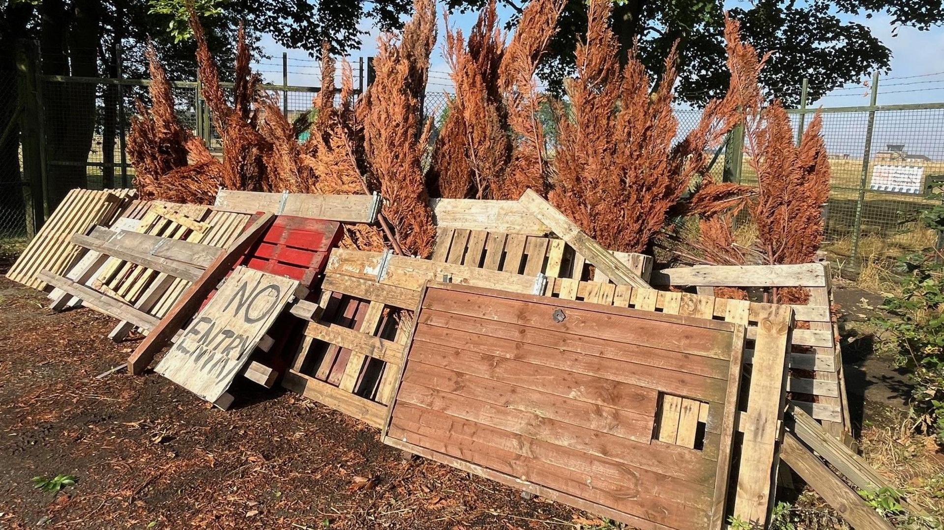 Brown conifer branches and scrap wood forms a barricade outside RAF Scampton 