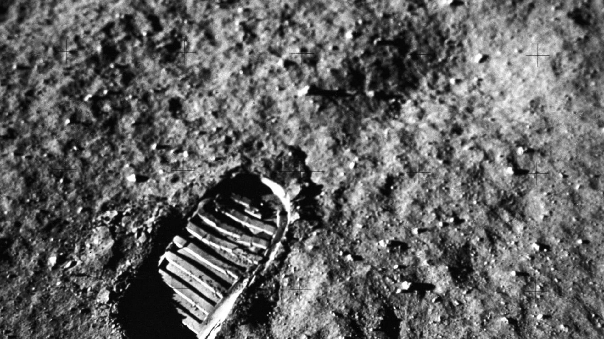 A photo of a footprint in lunar soil.