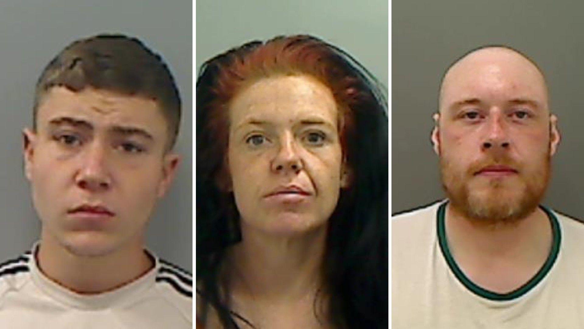 Three mugshots of a young man with short brown hair, a woman with long red hair and bald man with ginger beard.