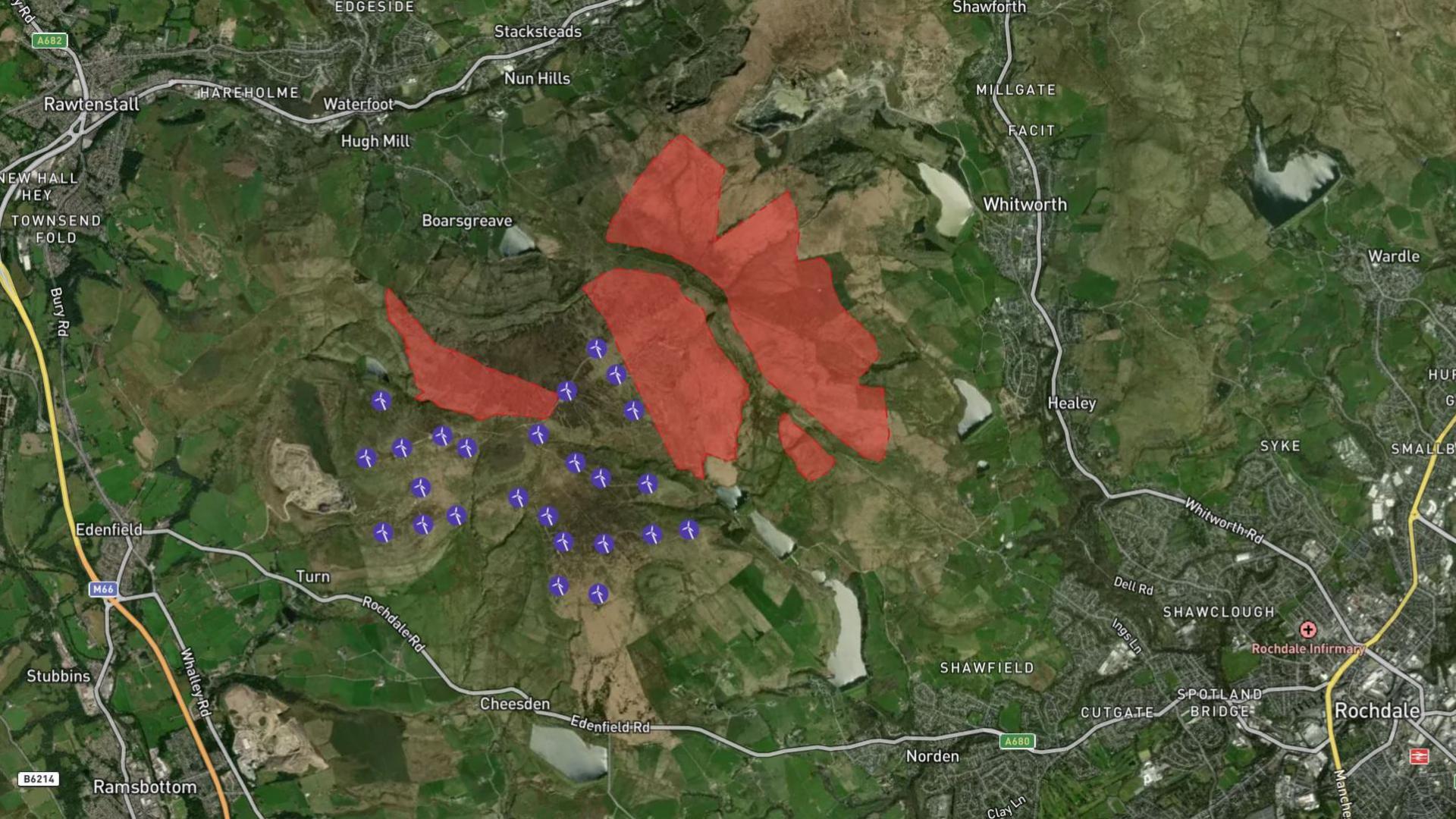 A map showing the position of existing wind turbines, marked out as singular purple dots, with a red section detailing where Cubico plans to put a second round of turbines nearby. 