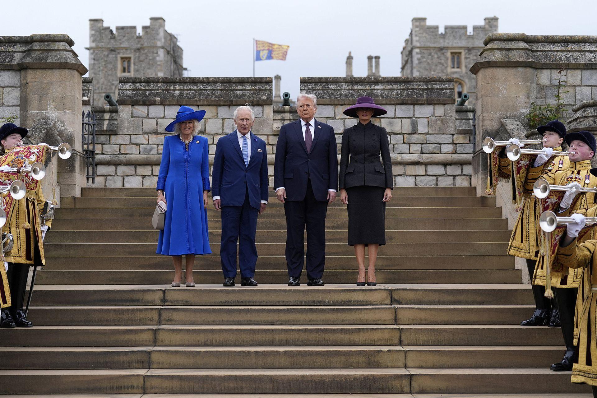 Queen Camilla, King Charles III, US President Donald Trump and First Lady Melania Trump arrive for the Beating Retreat military ceremony at Windsor Castle, Berkshire, on day one of the president's second state visit to the UK. Picture date: Wednesday September 17, 2025.    