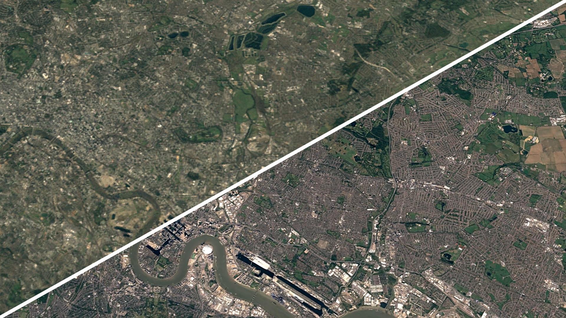 A diagonal line splits an image of East London - on the left, green fields dominate - on the right, built-up areas have taken over the green space as far as the eye can see