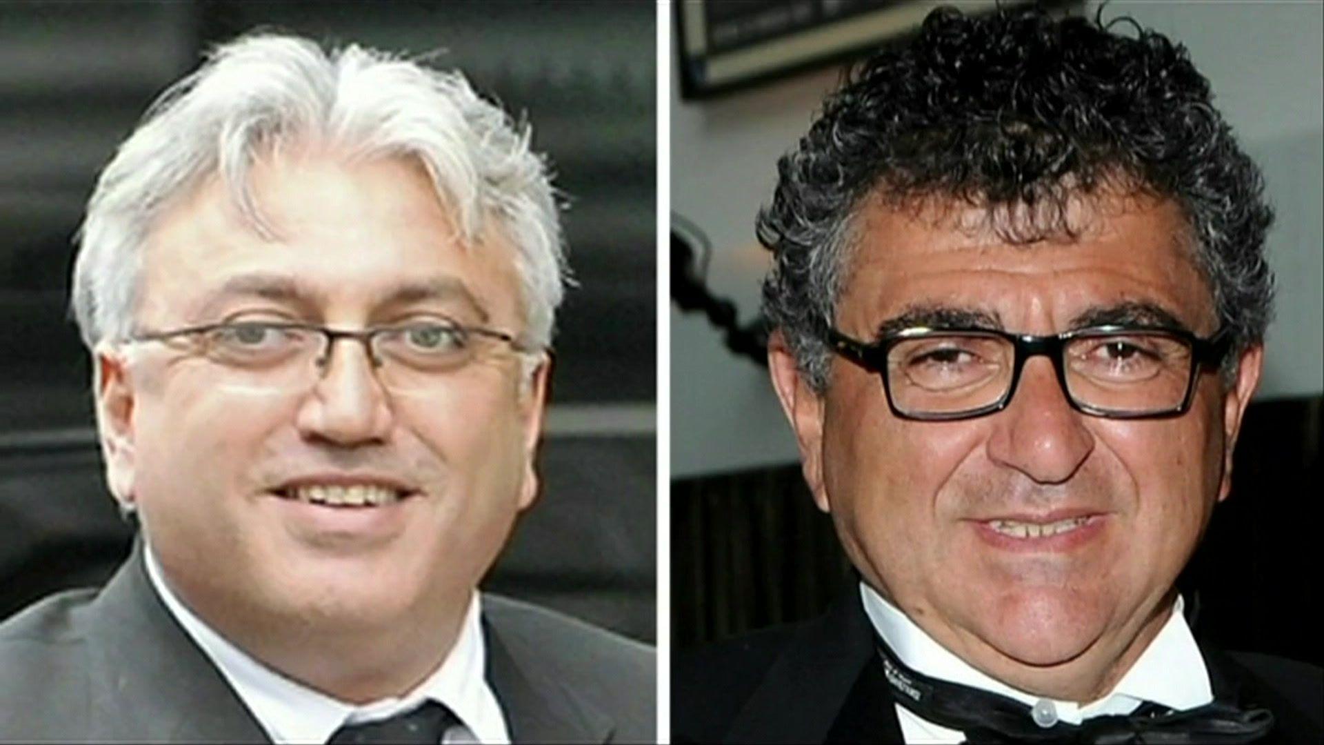 Robert and Vincent Tchenguiz, in a collage of two individual photos. Robert, on the left, has grey hair and glasses and Vincent, on the right, has curly dark hair and glasses and is wearing a dinner suit. 