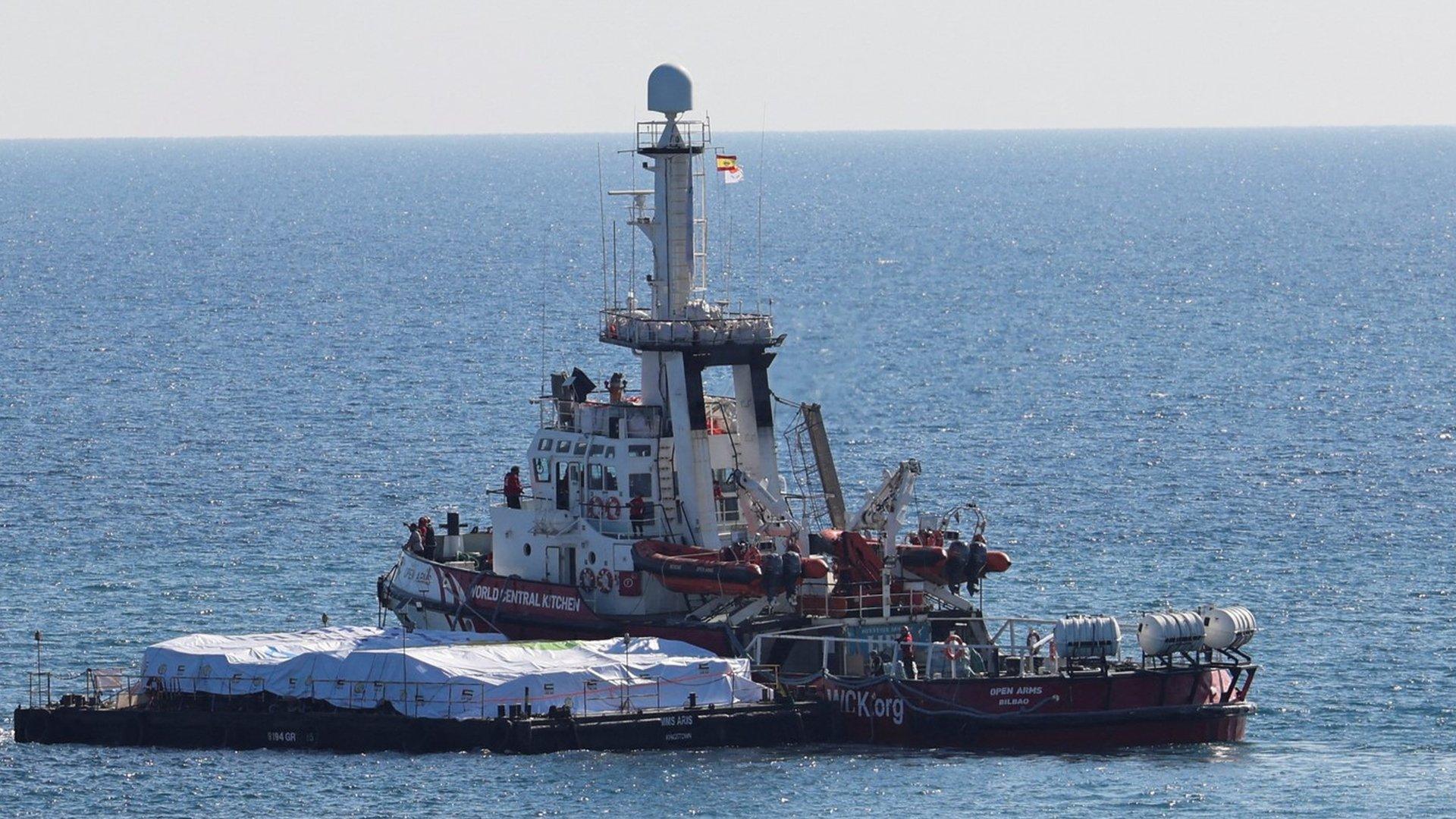 Open Arms sets sail for Gaza from Larnaca port in Cyprus, towing a barge carrying 200 tonnes of food supplies (12 March 2024)