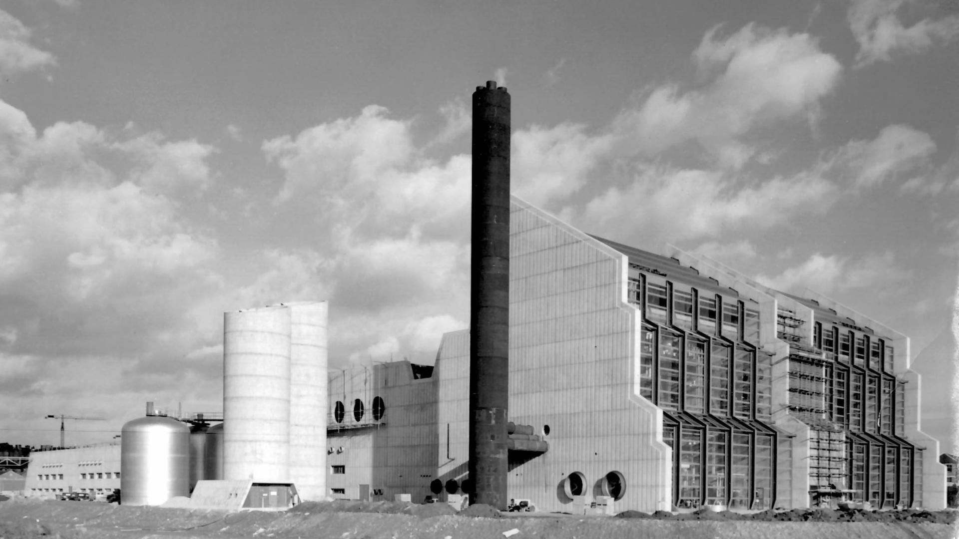 Brewery, showing silos, chimney and large concrete building