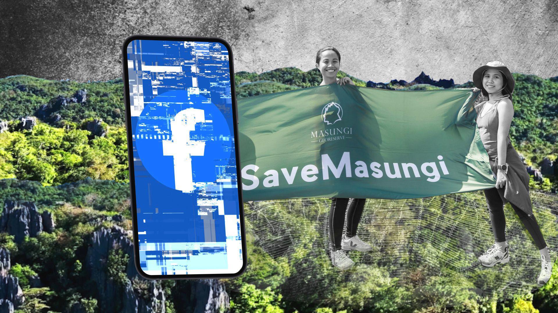 A smartphone, showing a distorted Facebook look, is displayed against a backdrop of lush rainforest and limestone formations. Ann and Billie Dumaliang, who help run the Masungi Georeserve Foundation, can also be seen holding a banner saying 