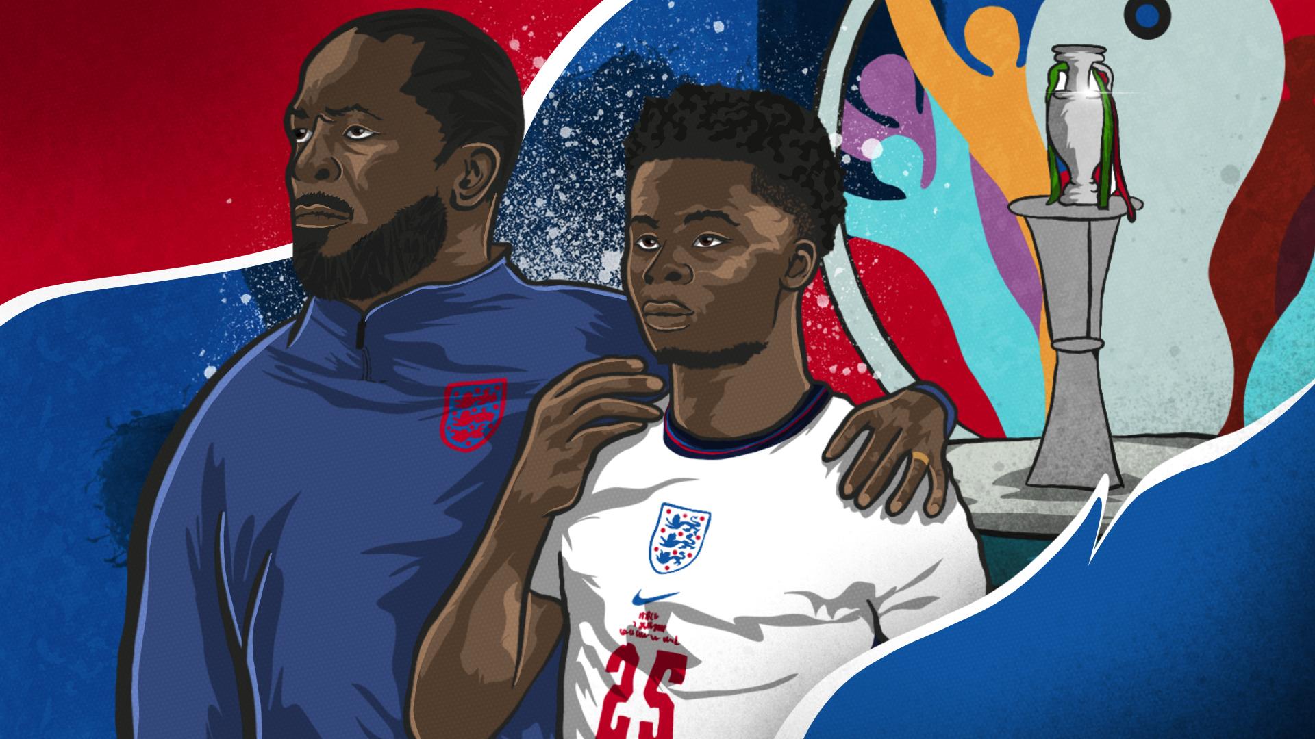 Illustration of Chris Powell supporting Bukayo Saka after England's Euro 2020 final loss