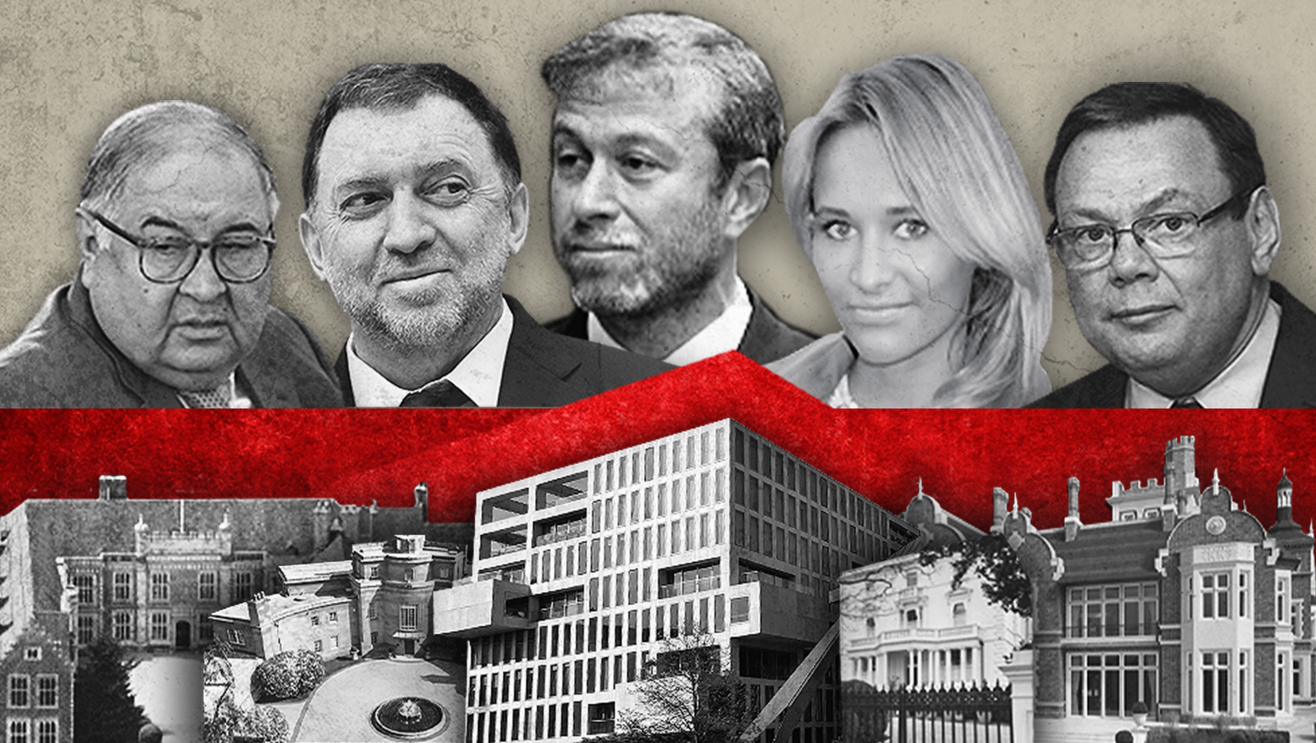 Alisher Usmanov, Oleg Deripaska, Roman Abramovich, Polina Kovaleva and Mikhail Fridman