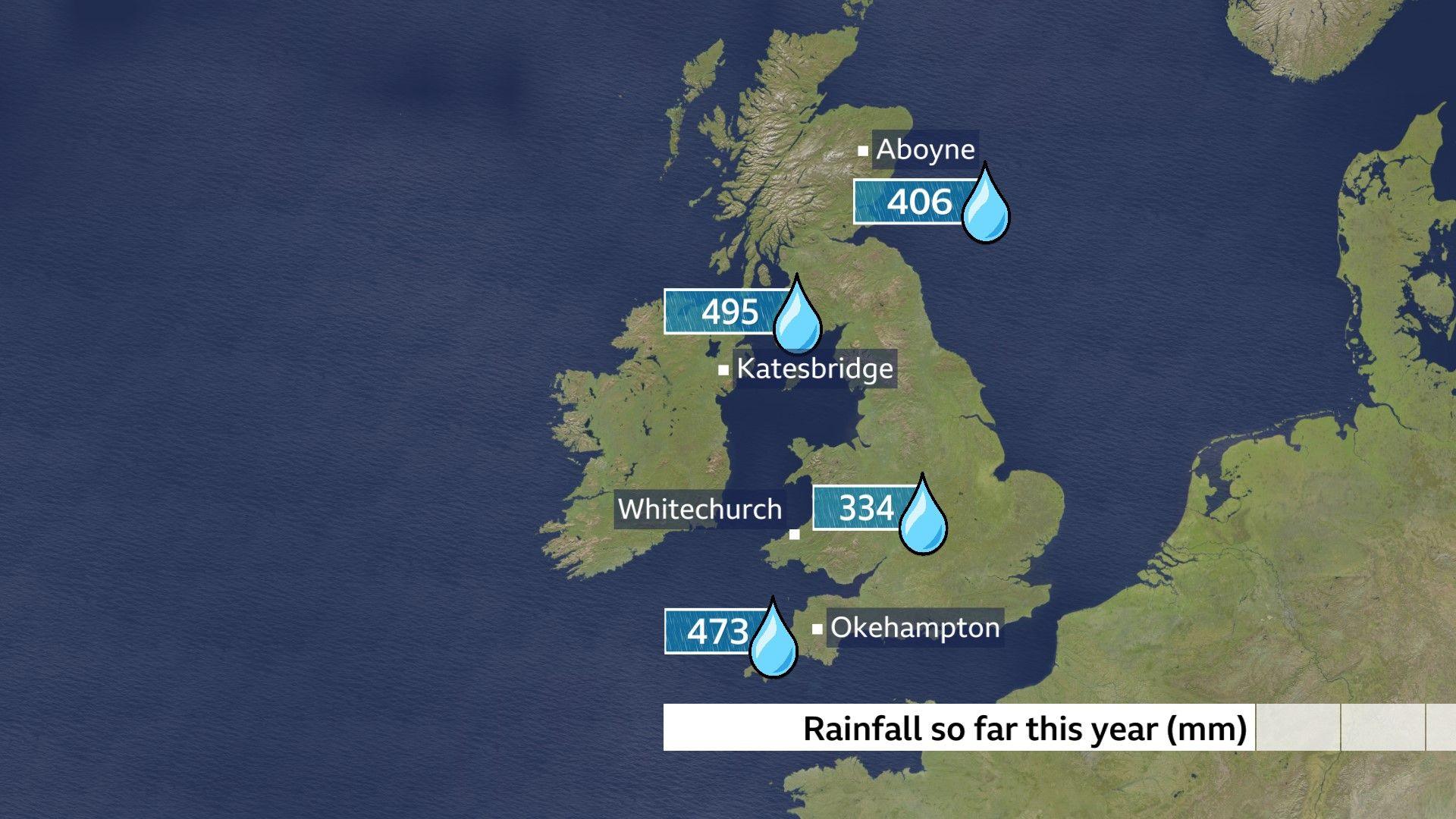 UK map showing rainfall totals this year at the wettest locations for each home nation. 406mm of rain at Aboyne in Scotland. 495mm of rain at Katesbridge in Northern Ireland. 334mm of rain at Whitechurch in Wales. And 473mm of rain at Okehampton in England.