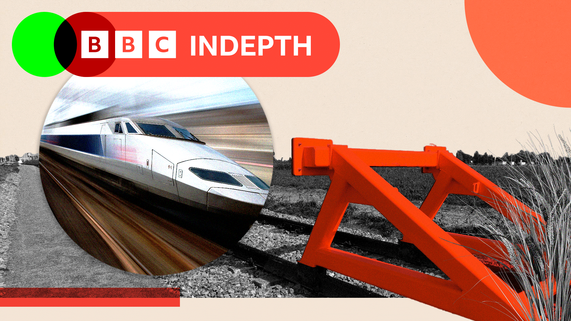 Montage image showing a futuristic train heading towards buffers