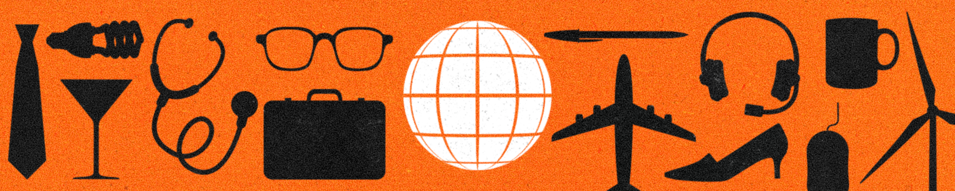Thin, orange banner promoting the World of Business newsletter, with a series of black silhouettes of items related to the business world including an aeroplane, tie, glasses and a suitcase. In the centre is a white globe icon.