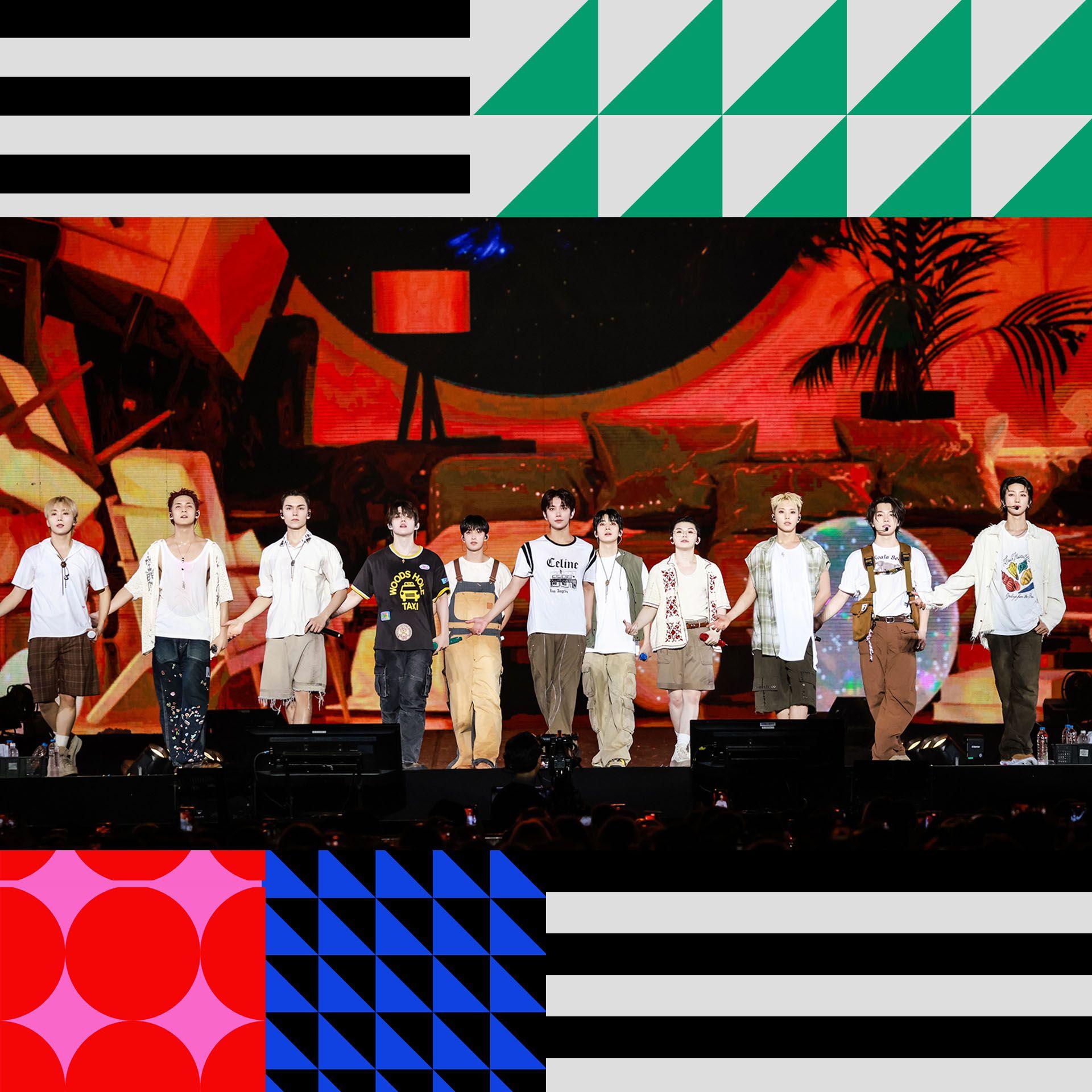 A picture of all the Seventeen band members against a graphicised colourful background