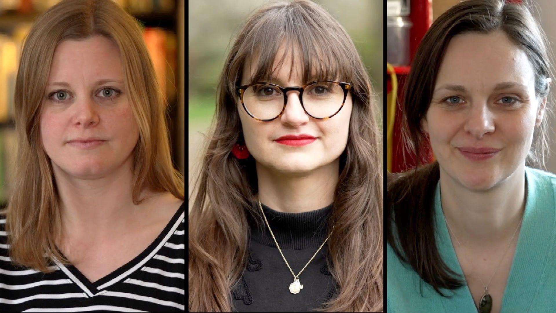 The picture is divided into three boxes, each with a woman looking at the camera. Lisa is on the left, with blonde hair and a striped t-shirt, Michelle is in the middle with glasses and red lipstick, Deborah is on the right with brown hair and a turquoise coloured top