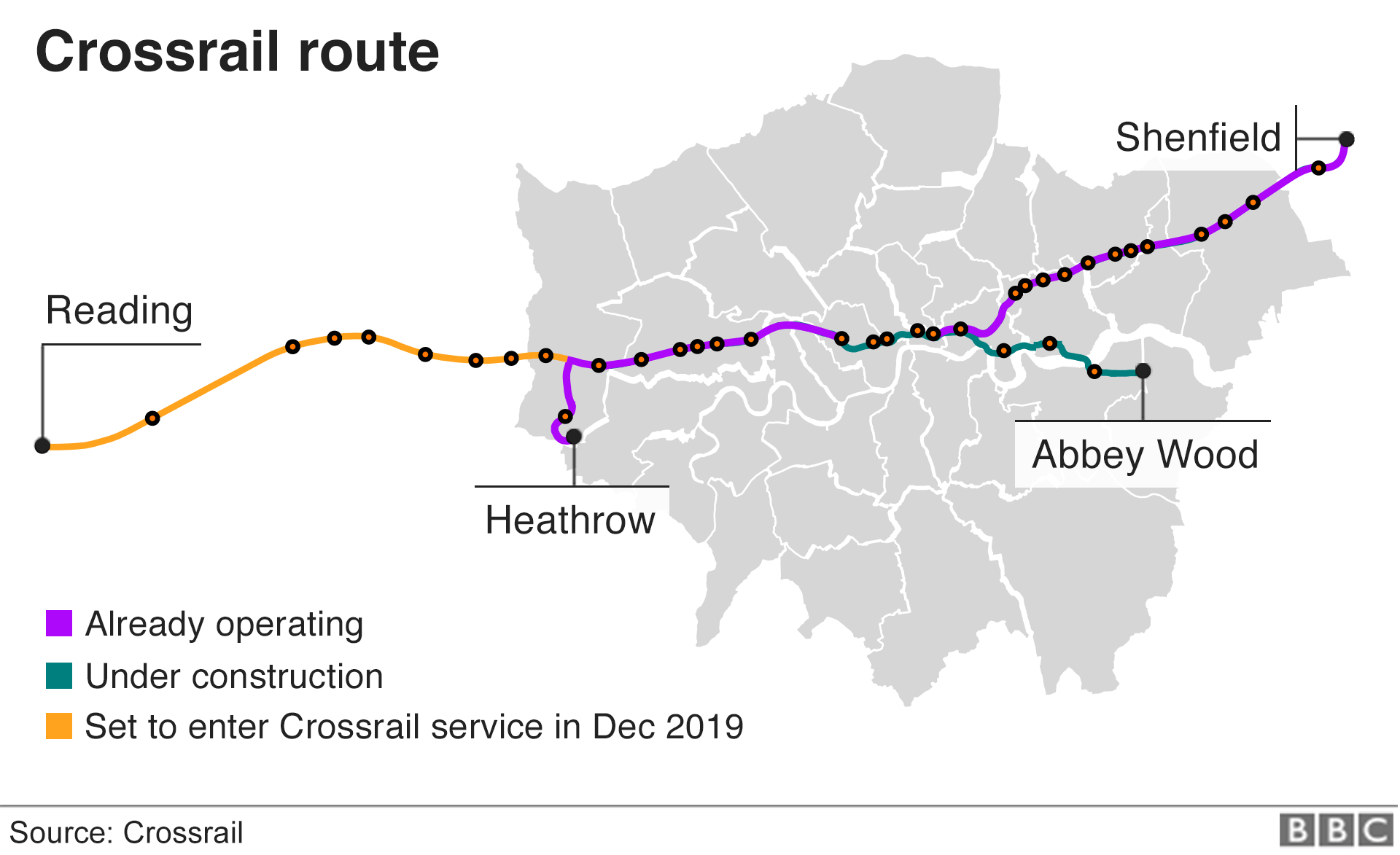 Map showing the Crossrail route