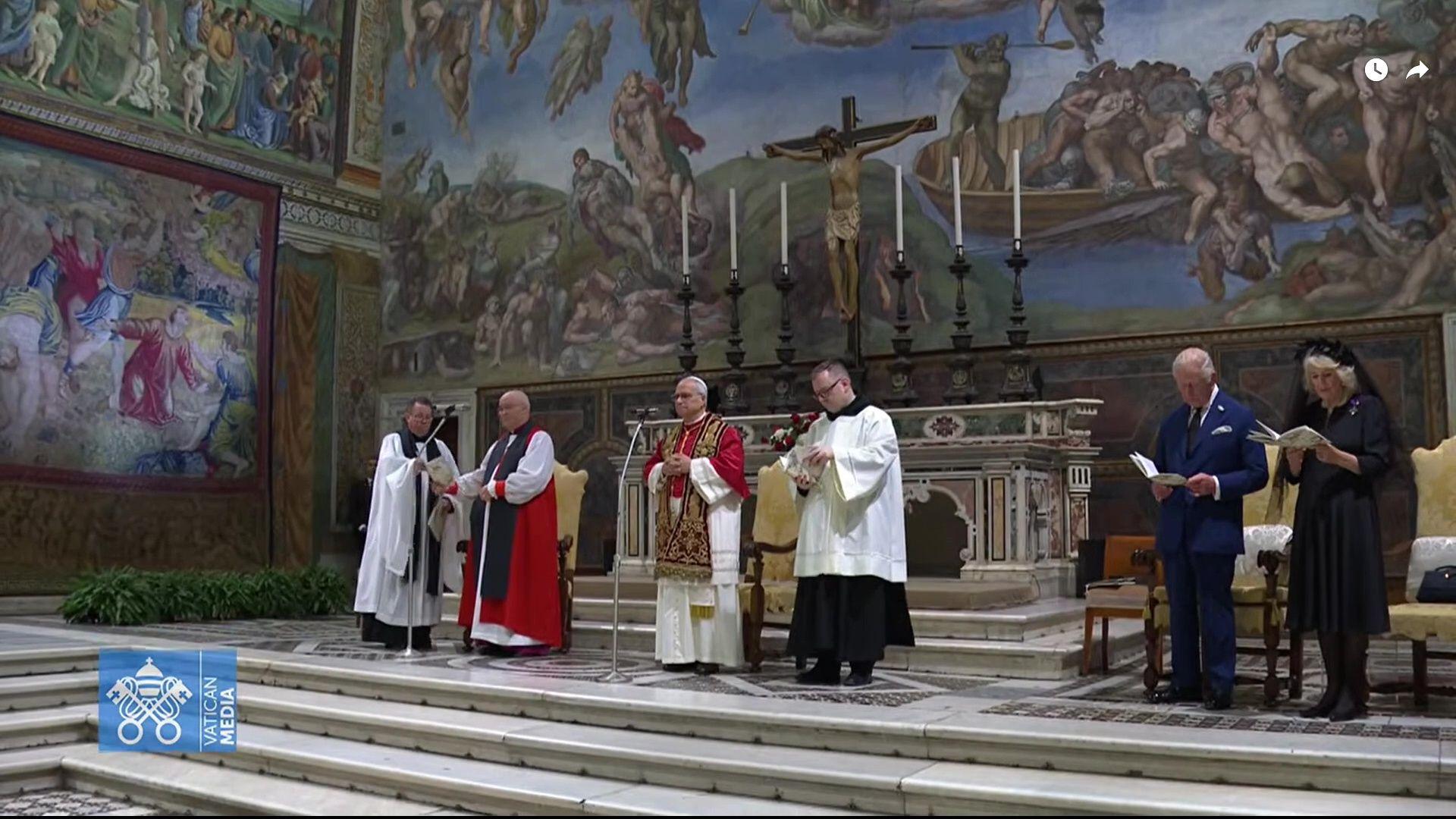 Screen grab taken from video provided by Vatican Media of Archbishop of York Stephen Cottrell, (second left), Pope Leo XIV (third left) and King Charles III and Queen Camilla attending an ecumenical service at the Sistine Chapel in Vatican City, during the state visit to the Holy See