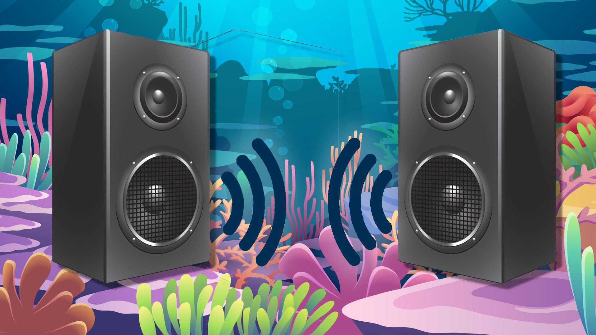 Cartoon of speakers under the water on a coral reef